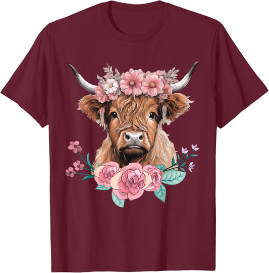Cute Baby Highland Cow With flowers Calf Animal cow women T-Shirt - T-Shirt | Maroon