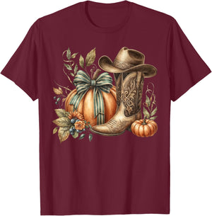 Howdy Pumpkin Fall Coquette Bow Western Boots T-Shirt - T-Shirt | Maroon