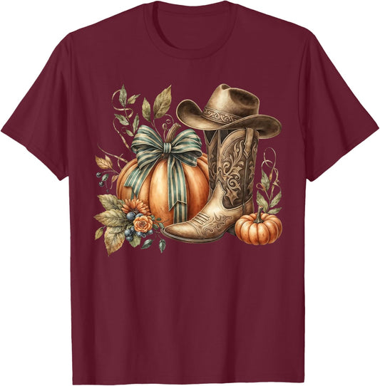 Howdy Pumpkin Fall Coquette Bow Western Boots T-Shirt - T-Shirt | Maroon
