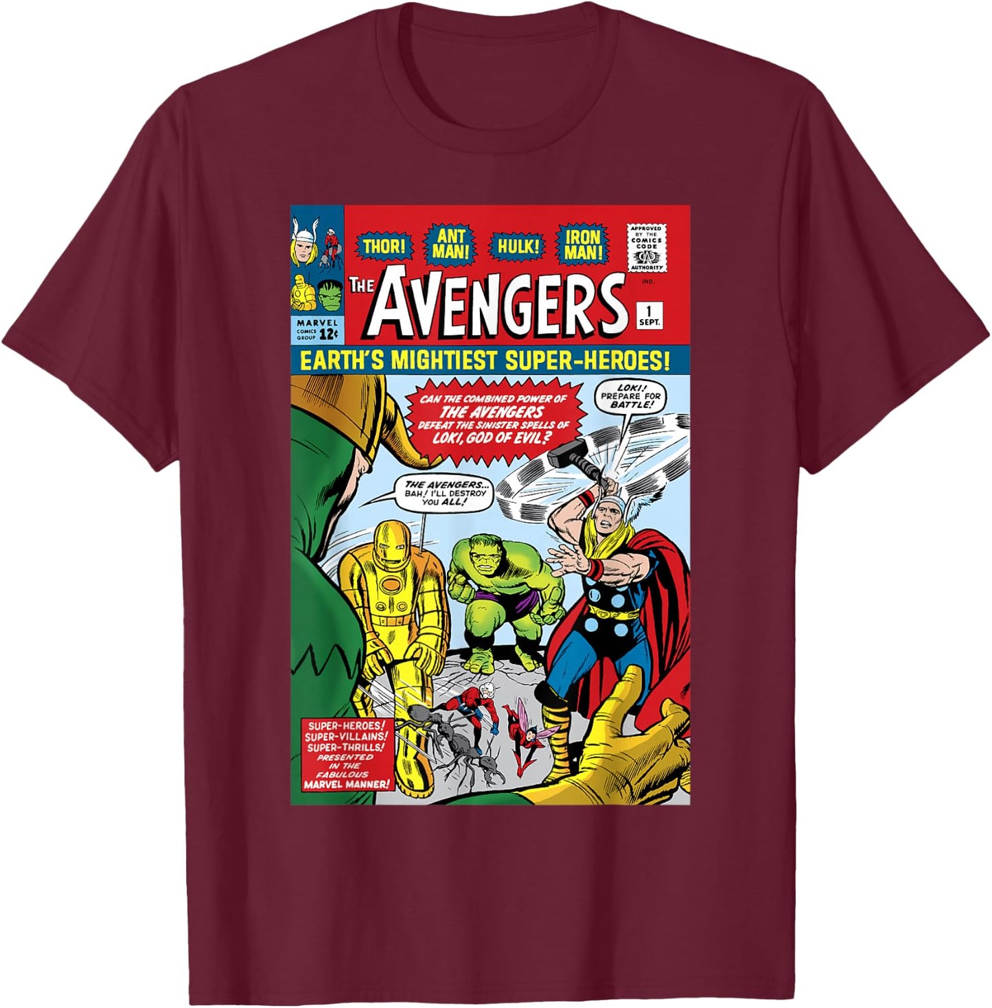 Marvel Avengers First Issue Comic Cover Small T-Shirt - T-Shirt | Maroon