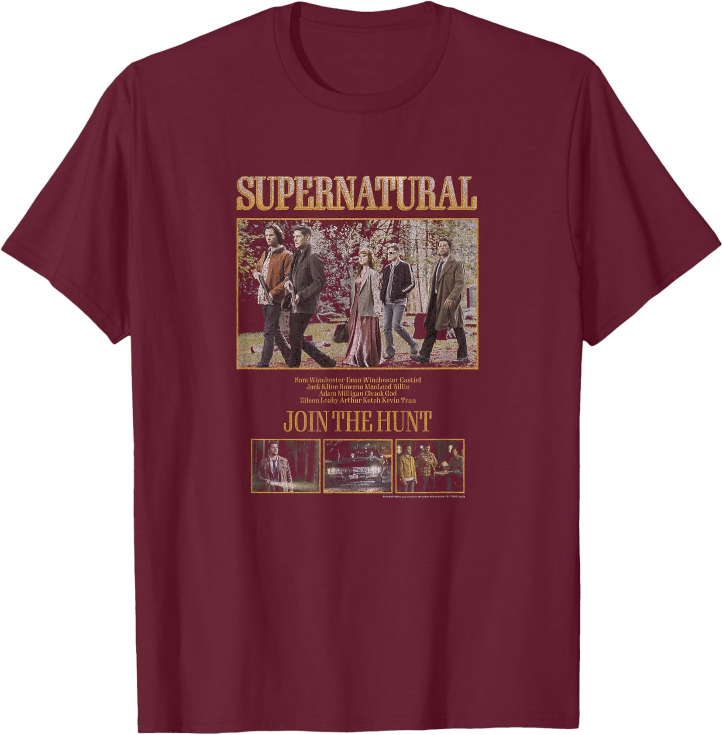 Supernatural Group Shot Boxy Join The Hunt Crew Names T-Shirt - T-Shirt | Maroon