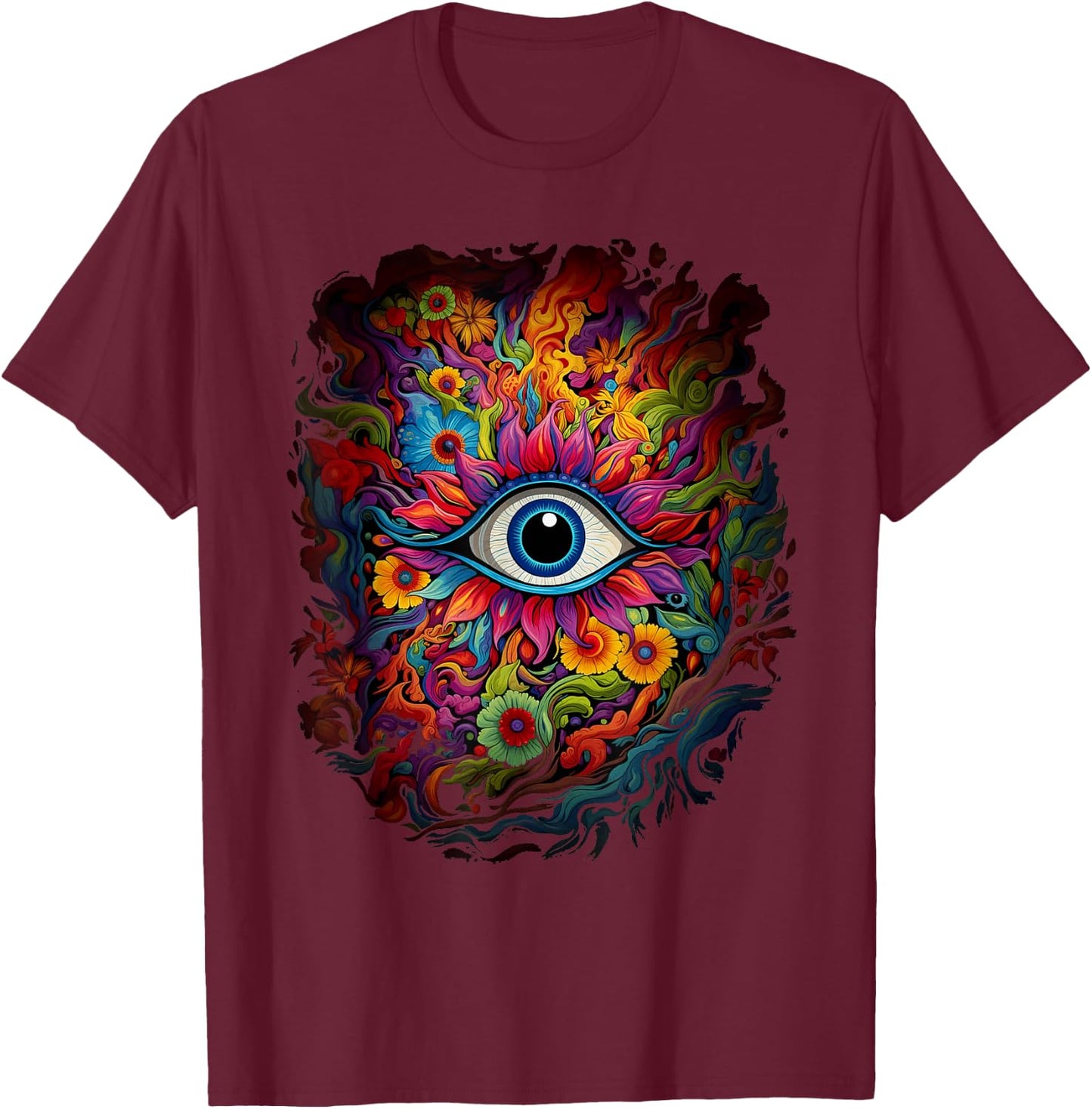 Psychedelic Third Eye Flower | Retro Colorful Floral Hippie T-Shirt - T-Shirt | Maroon