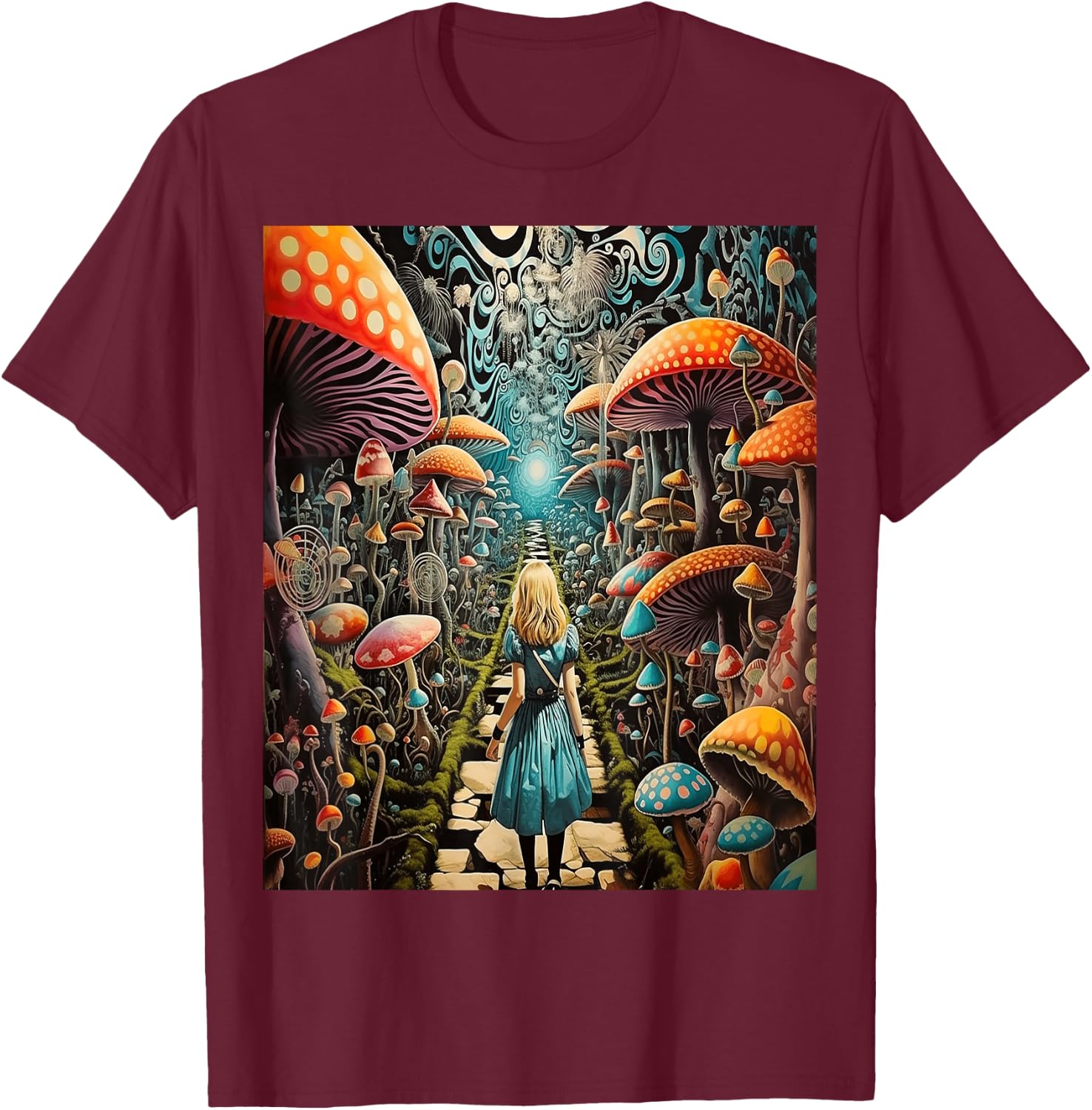 Alice in Wonderland Trippy Mushroom Forest Path T-Shirt - T-Shirt | Maroon
