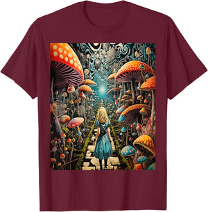 Alice in Wonderland Trippy Mushroom Forest Path T-Shirt - T-Shirt | Maroon