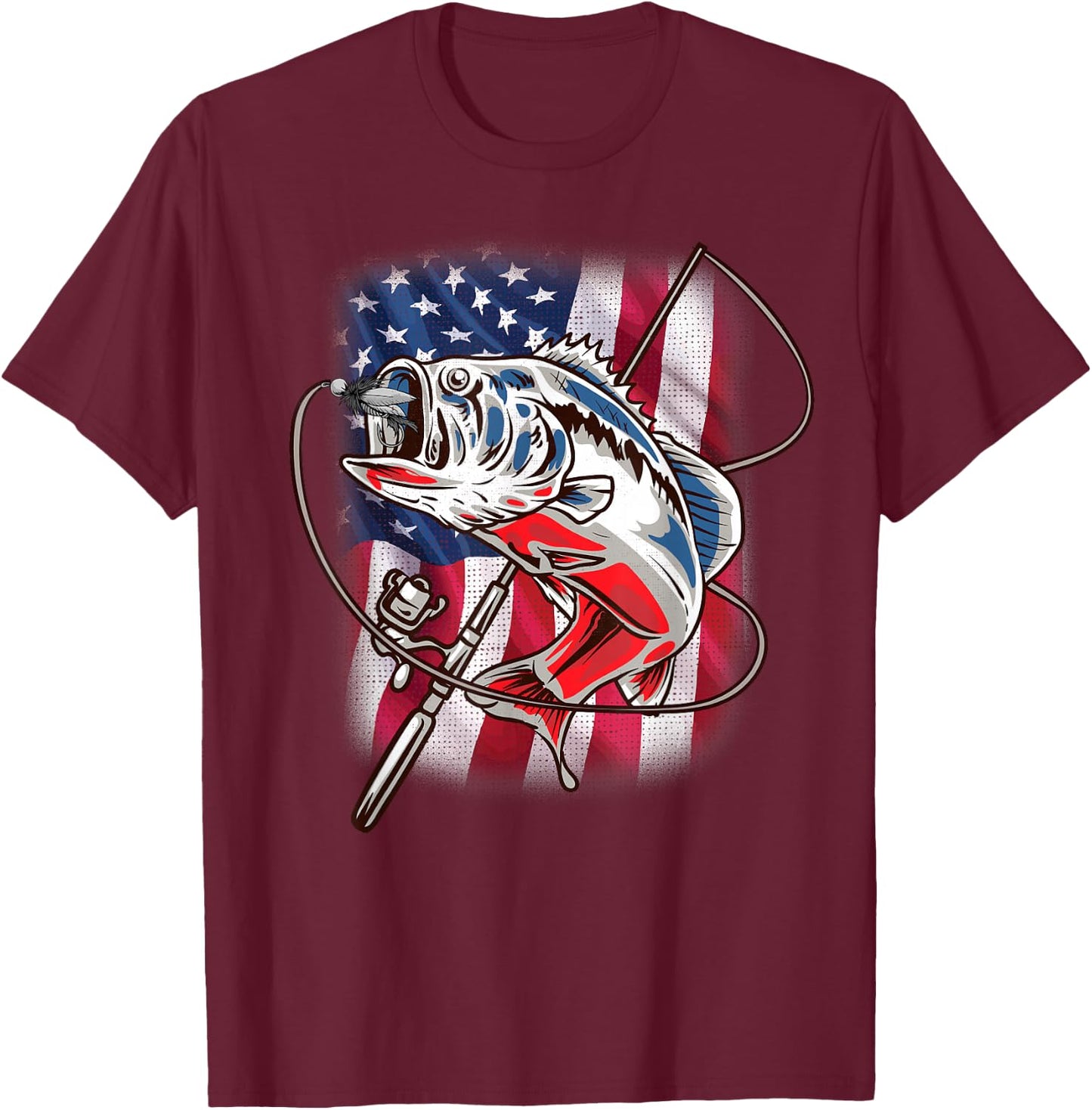 American Flag Fishing Shirt Vintage USA Bass Fisherman Gift T-Shirt - T-Shirt | Maroon