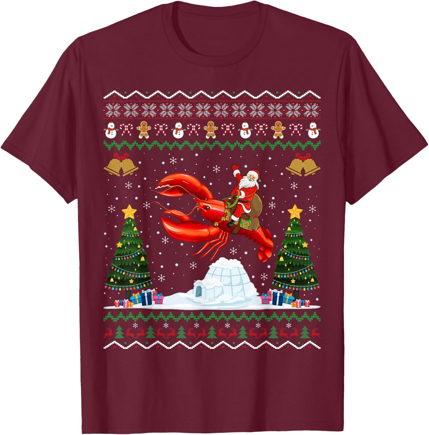 Lobster Ugly Xmas Gift Santa Riding Lobster Christmas T-Shirt - T-Shirt | Maroon