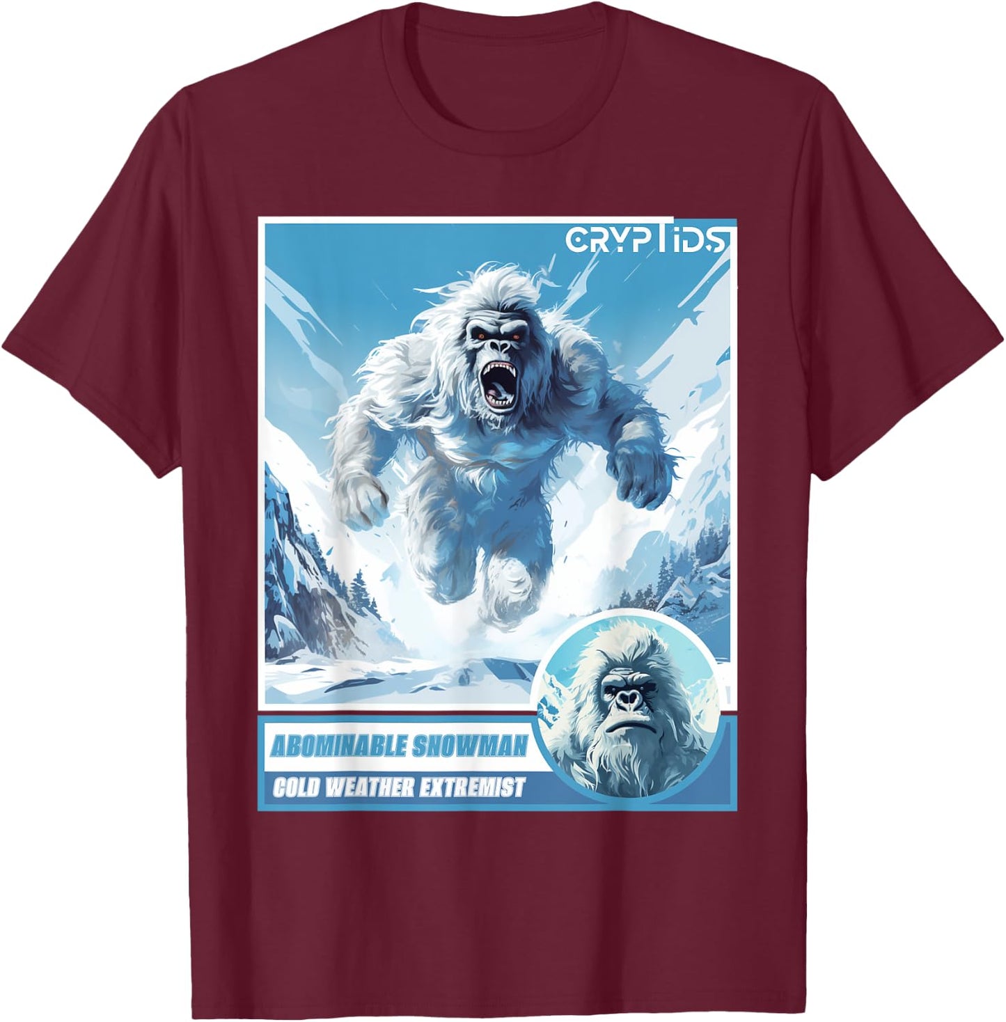 Cryptozoology Cryptid Believer Apparel -Kids, Adults Black Cartoon Abominable Snowman Winter Classic Fit T-Shirt - T-Shirt | Maroon