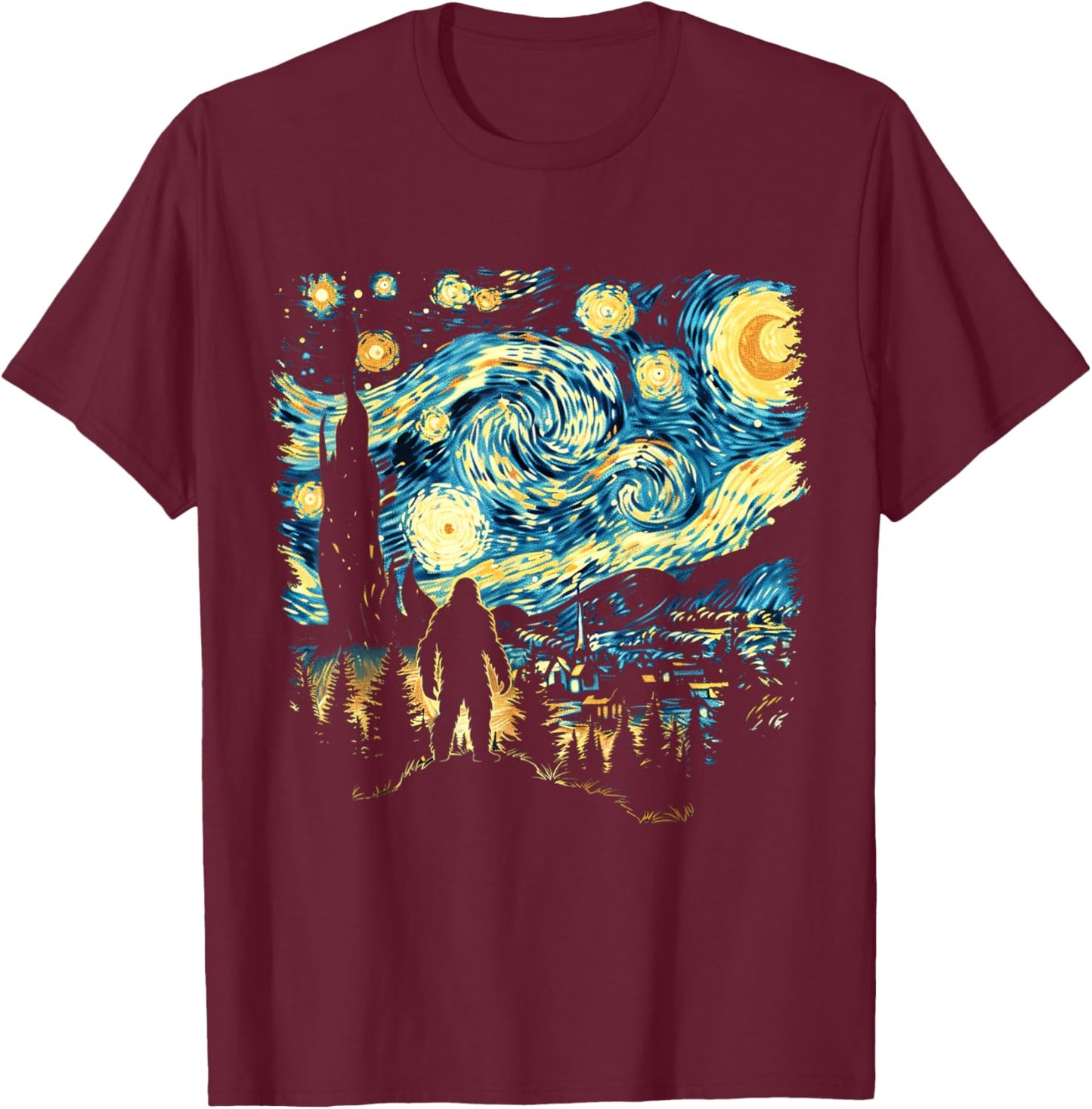Funny Bigfoot Starry Night Sasquatch Van Gogh Sky Painting T-Shirt - T-Shirt | Maroon