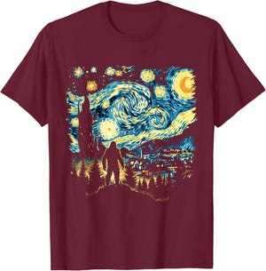 Funny Bigfoot Starry Night Sasquatch Van Gogh Sky Painting T-Shirt - T-Shirt | Maroon