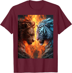 Two Tigers . White and Yellow Tigers, Flames Artwork Nice T-Shirt - T-Shirt | Maroon