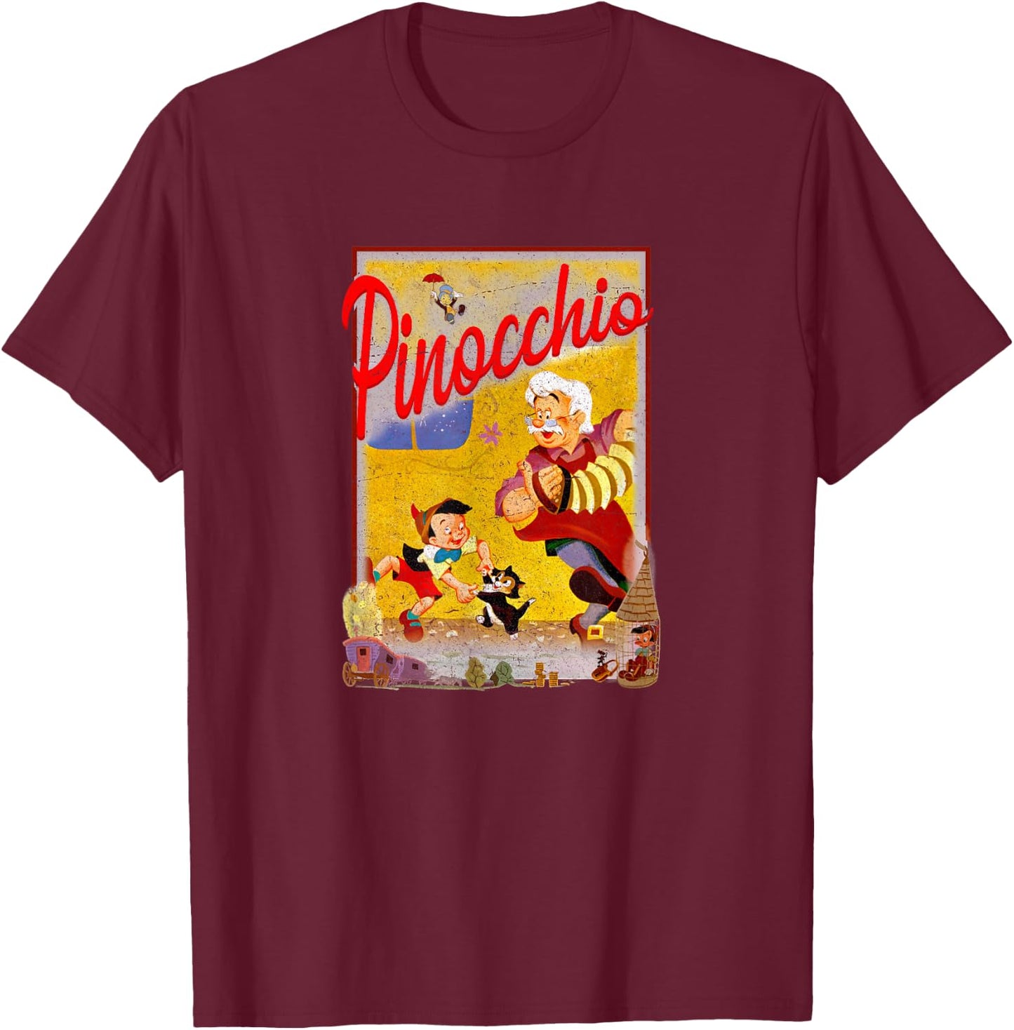 Disney Pinocchio Group Shot Classic Throwback Movie Poster T-Shirt - T-Shirt | Maroon