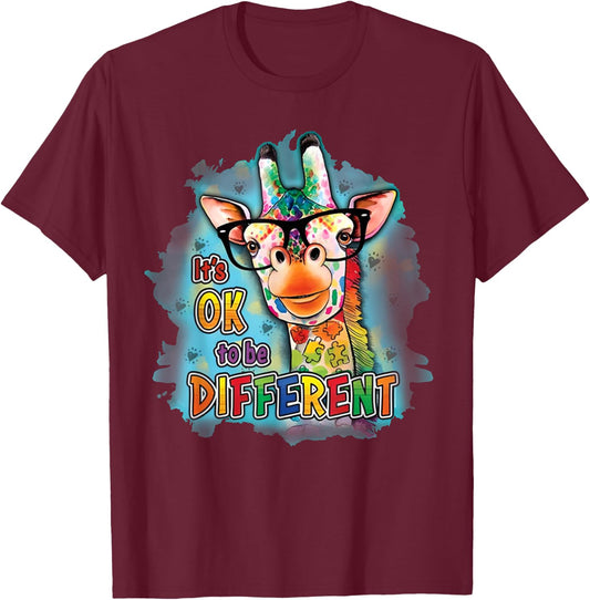 Autism Awareness Its Ok To Be Different Cute Giraffe Animal T-Shirt - T-Shirt | Maroon