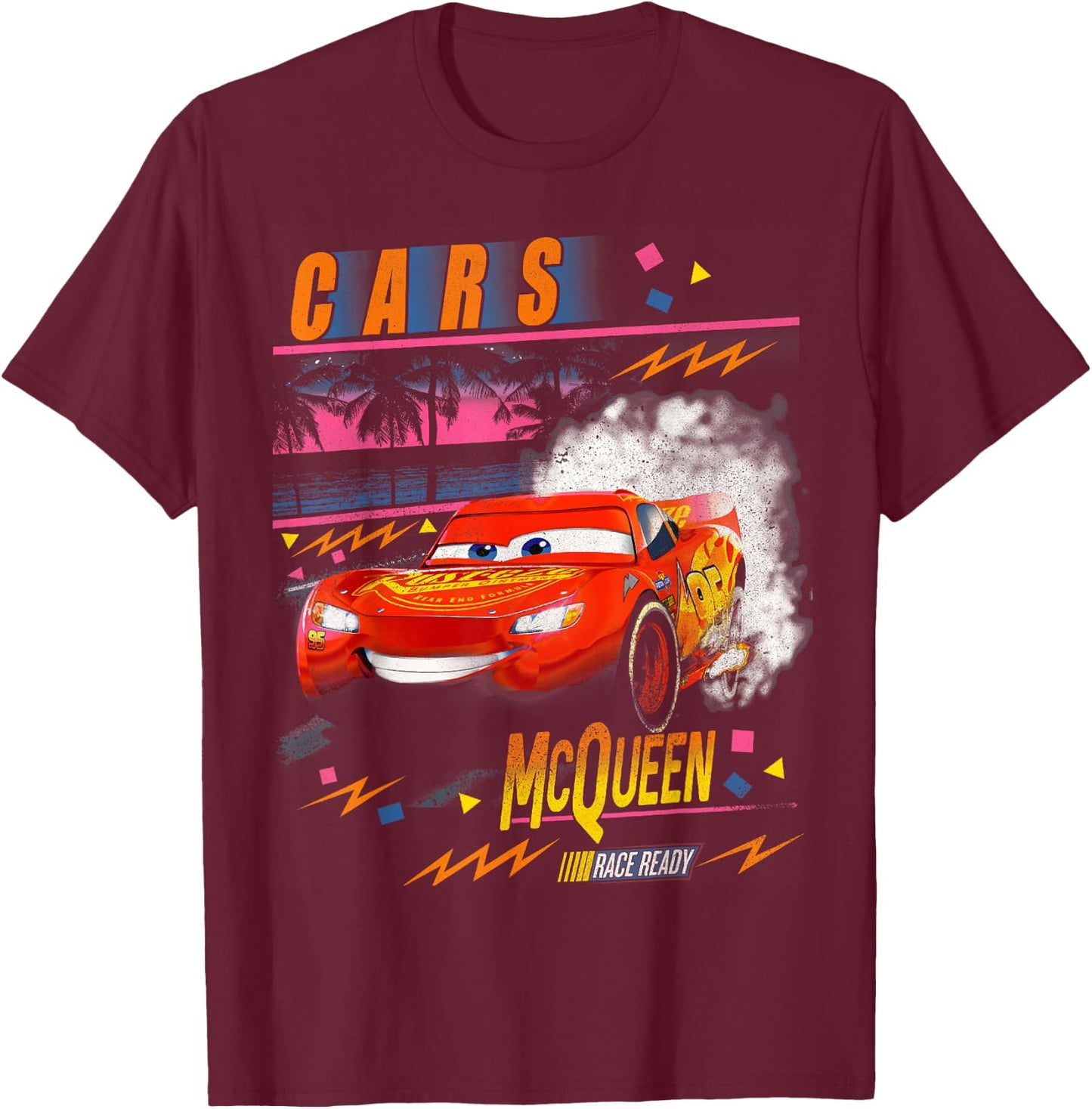 Disney Pixar Cars Lightning McQueen Palm Tree Sunset T-Shirt - T-Shirt | Maroon