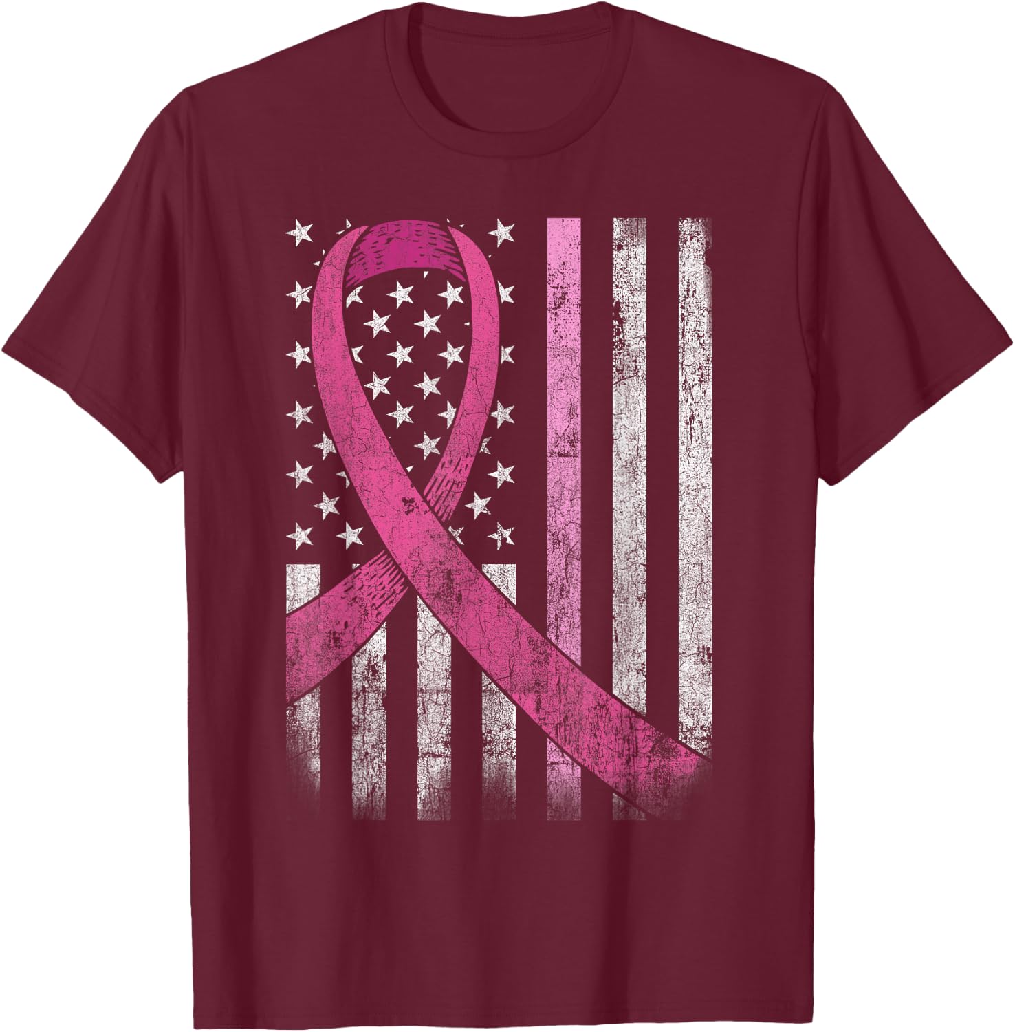 Breast Cancer Awareness American Flag Pink Ribbon T-Shirt - T-Shirt | Maroon