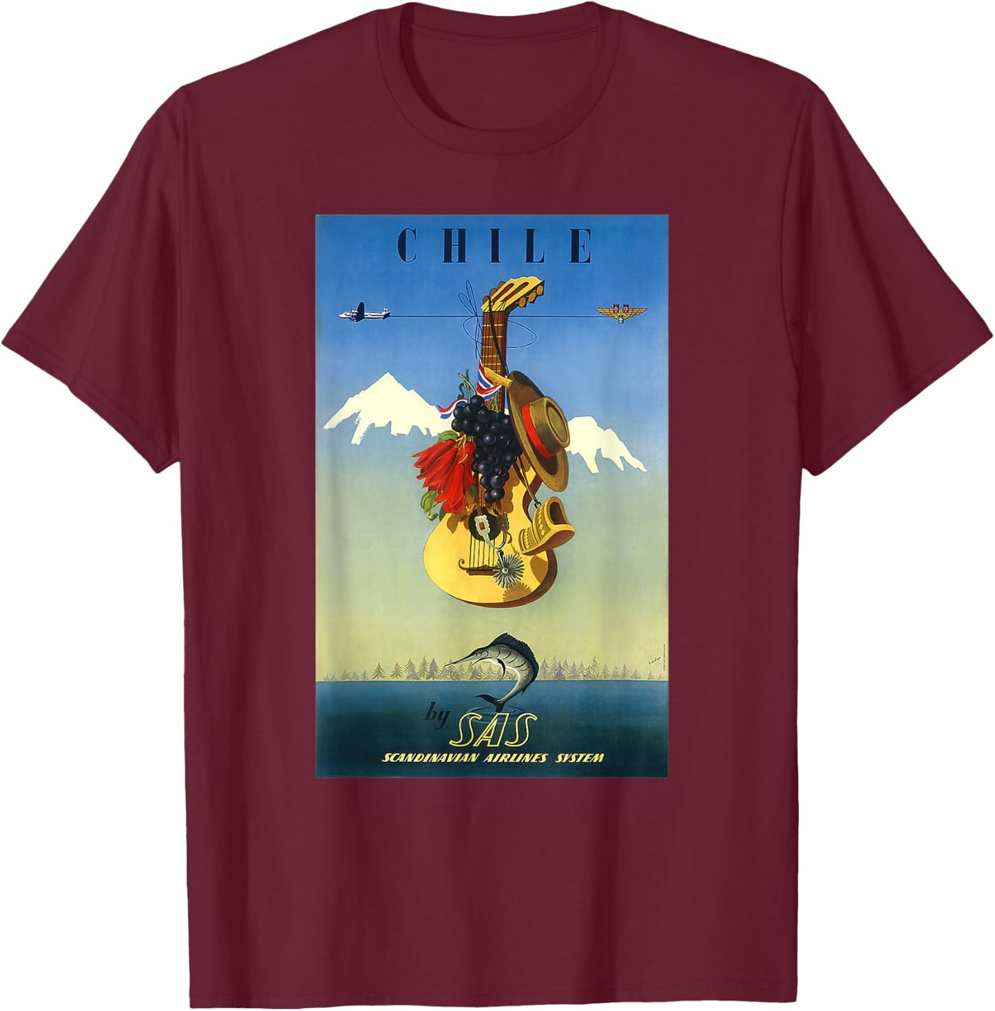 Scandinavian Airlines Chile Retro Vintage Travel Print T-Shirt - T-Shirt | Maroon