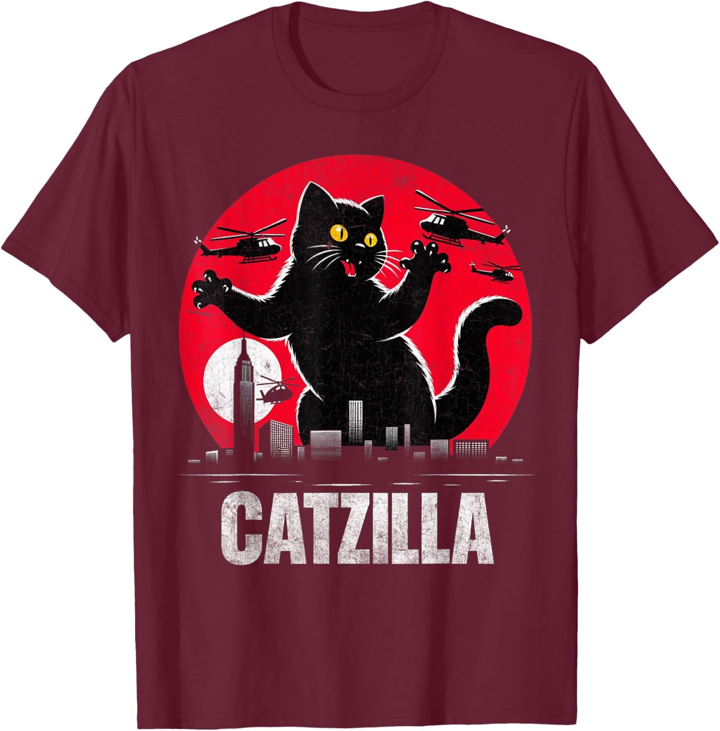 Retro Catzilla Funny Cat Lovers Graphic Gifts Cat Mom Dad Men Women Girls Kids T-Shirt - T-Shirt | Maroon