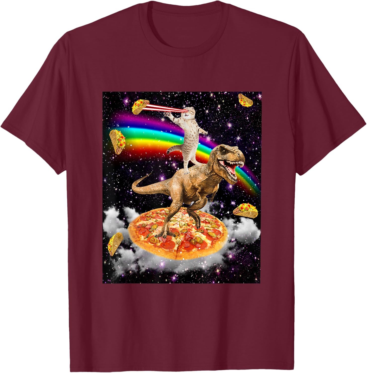 Galaxy Laser Cat on Dinosaur on Pizza with Tacos & Rainbow T-Shirt - T-Shirt | Maroon