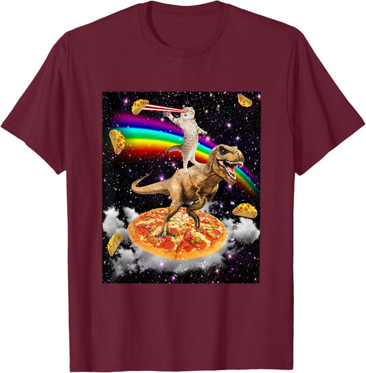 Galaxy Laser Cat on Dinosaur on Pizza with Tacos & Rainbow T-Shirt - T-Shirt | Maroon