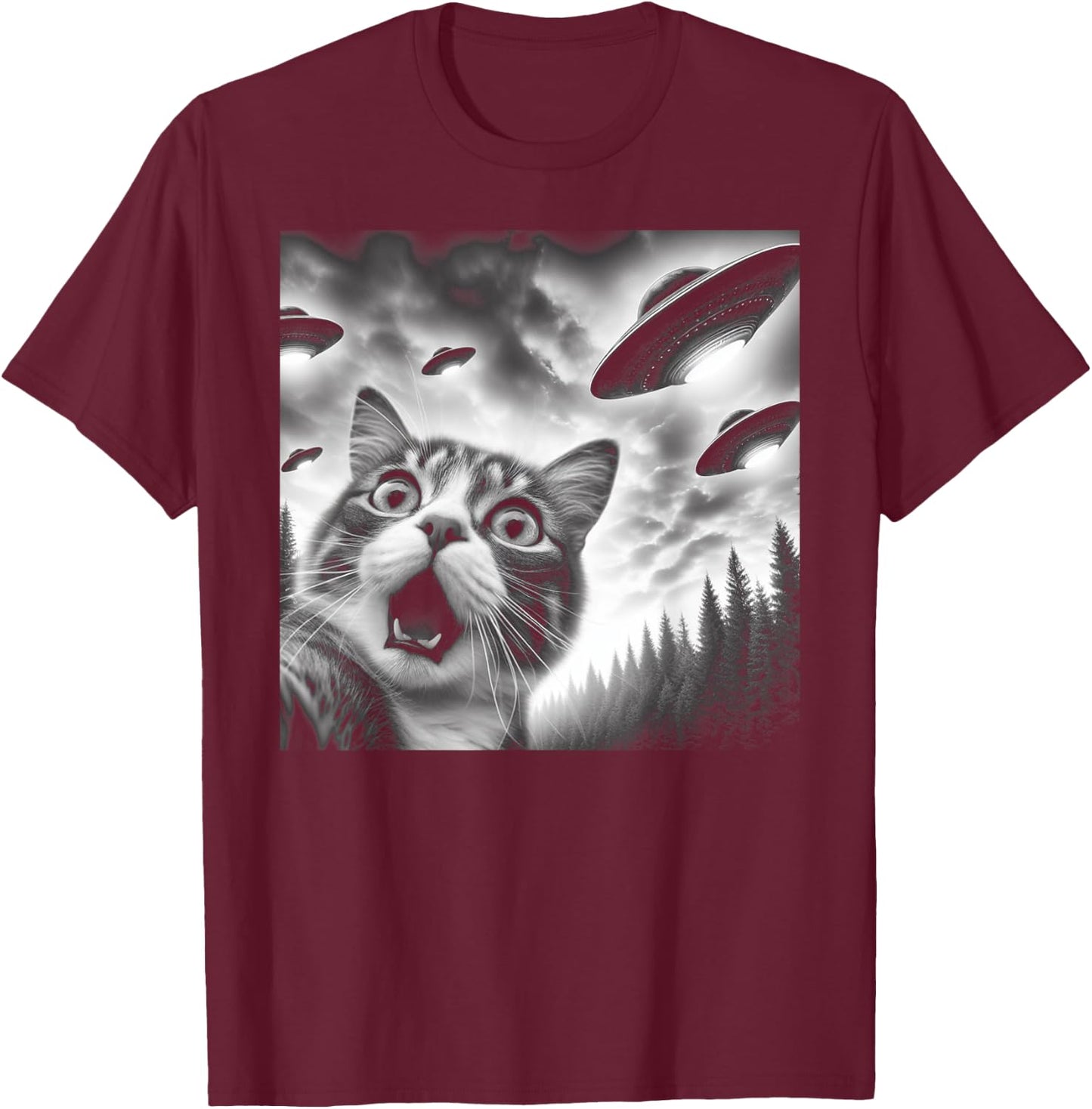 Funny Cat Selfie with UFOs Men Women Kids T-Shirt - T-Shirt | Maroon