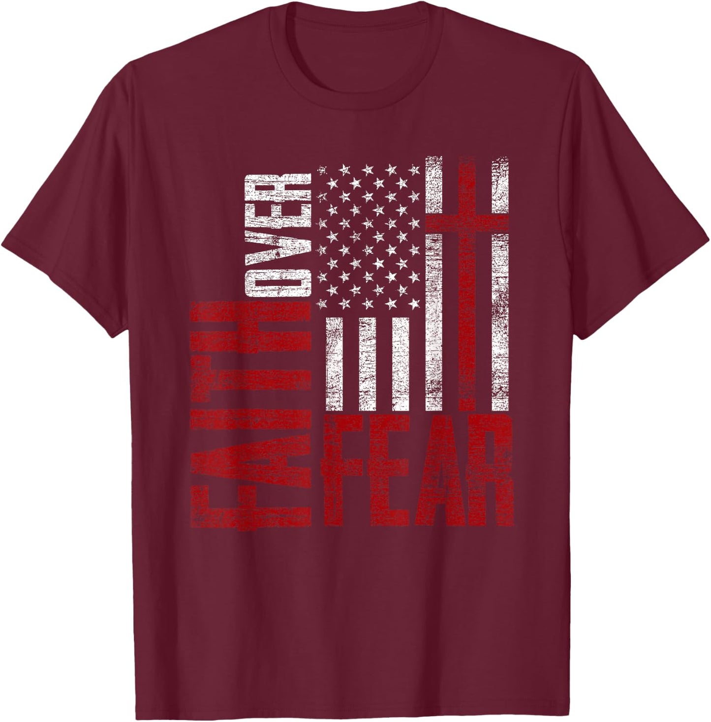 Patriotic Devotee USA Flag Cross Faith Over Fear Jesus T-Shirt - T-Shirt | Maroon