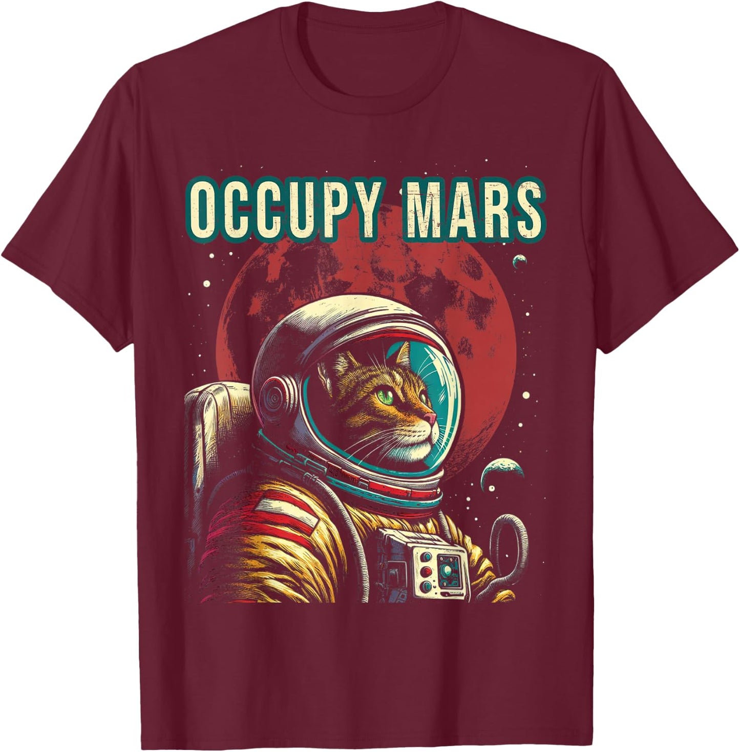 Occupy Mars - Funny Cat Astronaut Retro T-Shirt - T-Shirt | Maroon