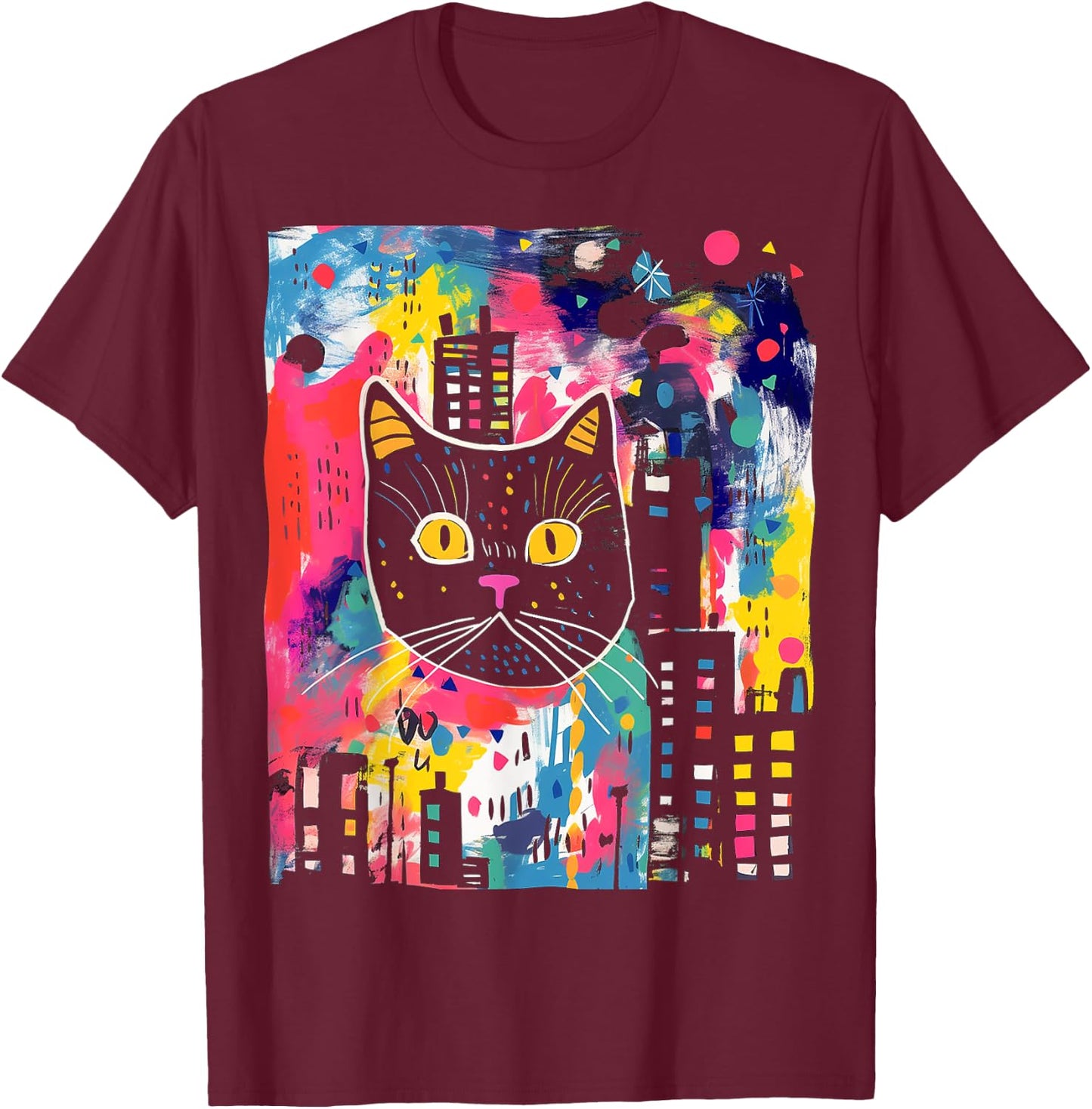 Cat Colorful Abstract Funny Animal Art Graphic Cat Women Kids T-Shirt - T-Shirt | Maroon