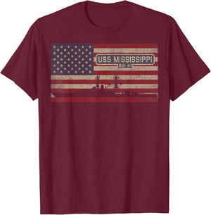 USS Mississippi BB-41 WW2 Battleship USA American Flag T-Shirt - T-Shirt | Maroon