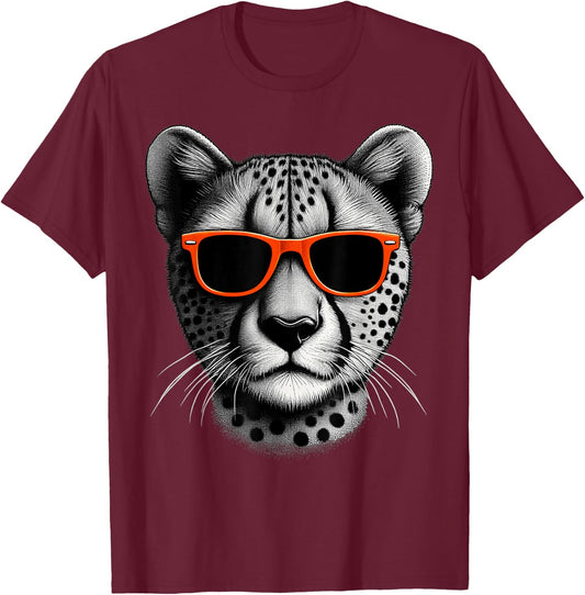 Cool Cheetah Wearing Sunglasses Graphic Art T-Shirt - T-Shirt | Maroon