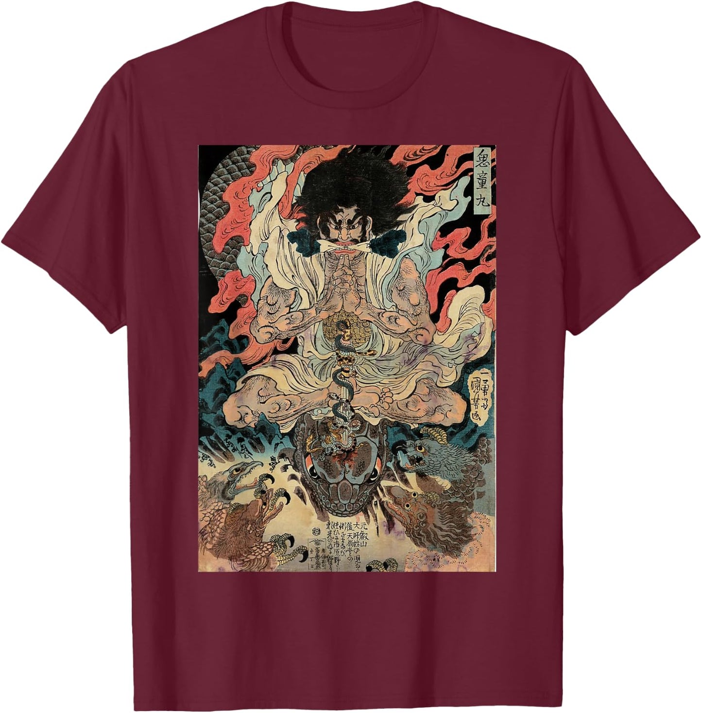 Japanese Vintage Artwork Tengu Gods Defeat The Evil Snake T-Shirt - T-Shirt | Maroon