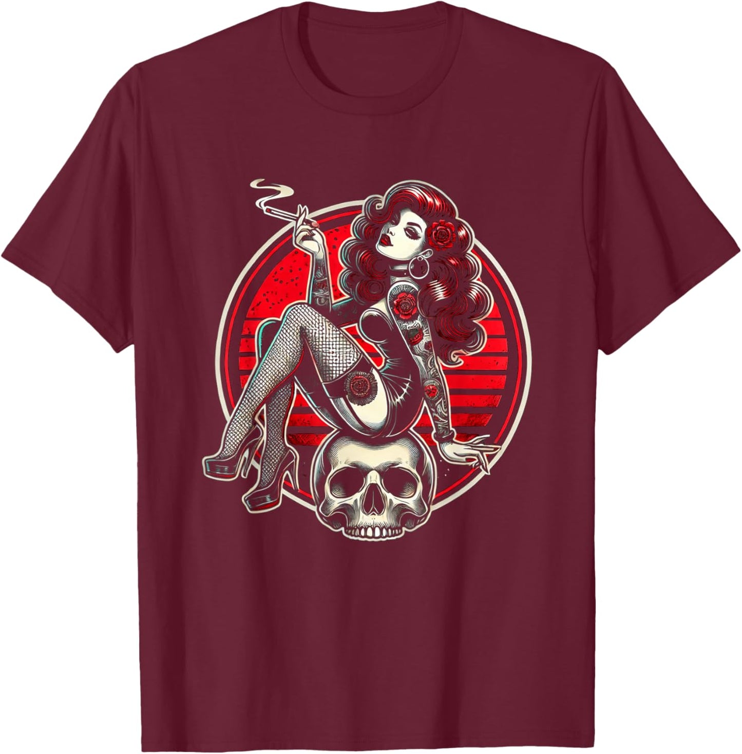 Tattoo Goth Pin-up Girl with Skull Vintage Horror Rockabilly T-Shirt - T-Shirt | Maroon