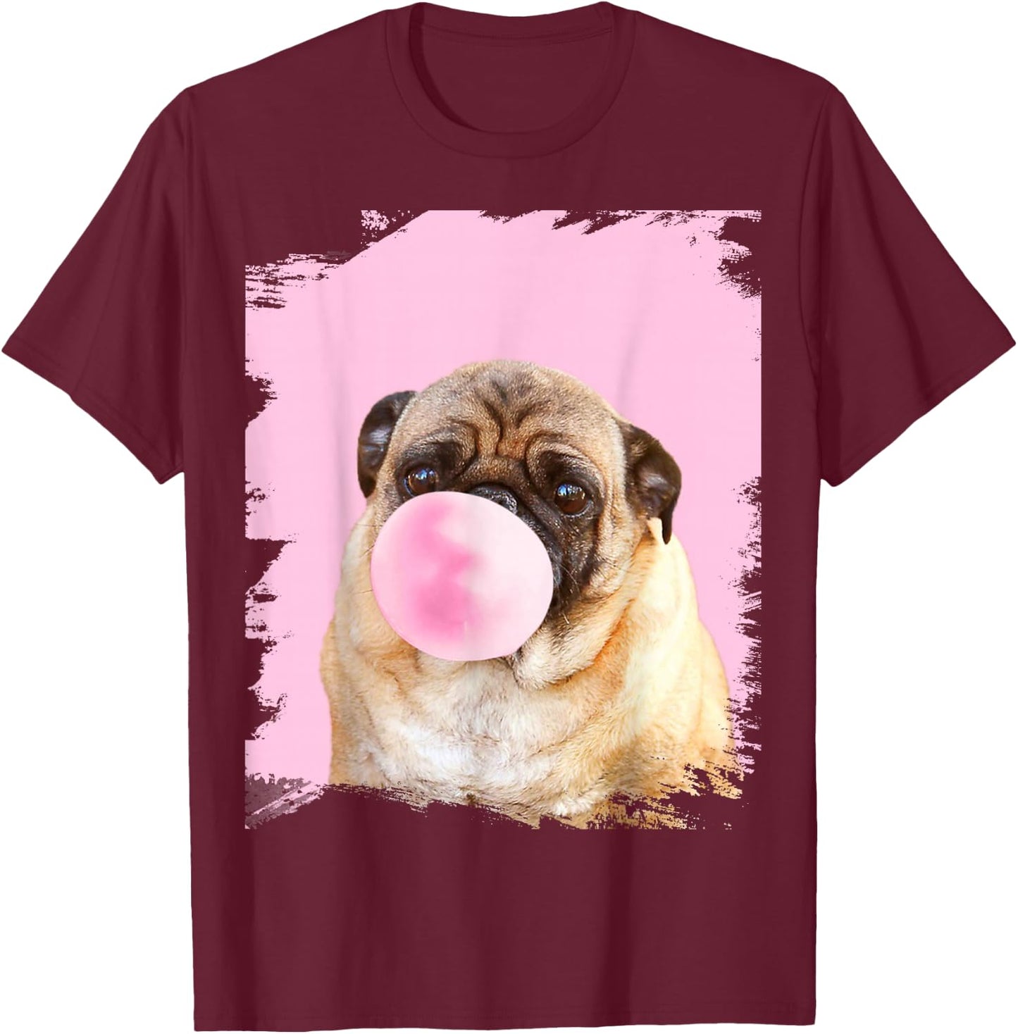 Cute Pug Dog Chewing Pink Gum T-Shirt - T-Shirt | Maroon