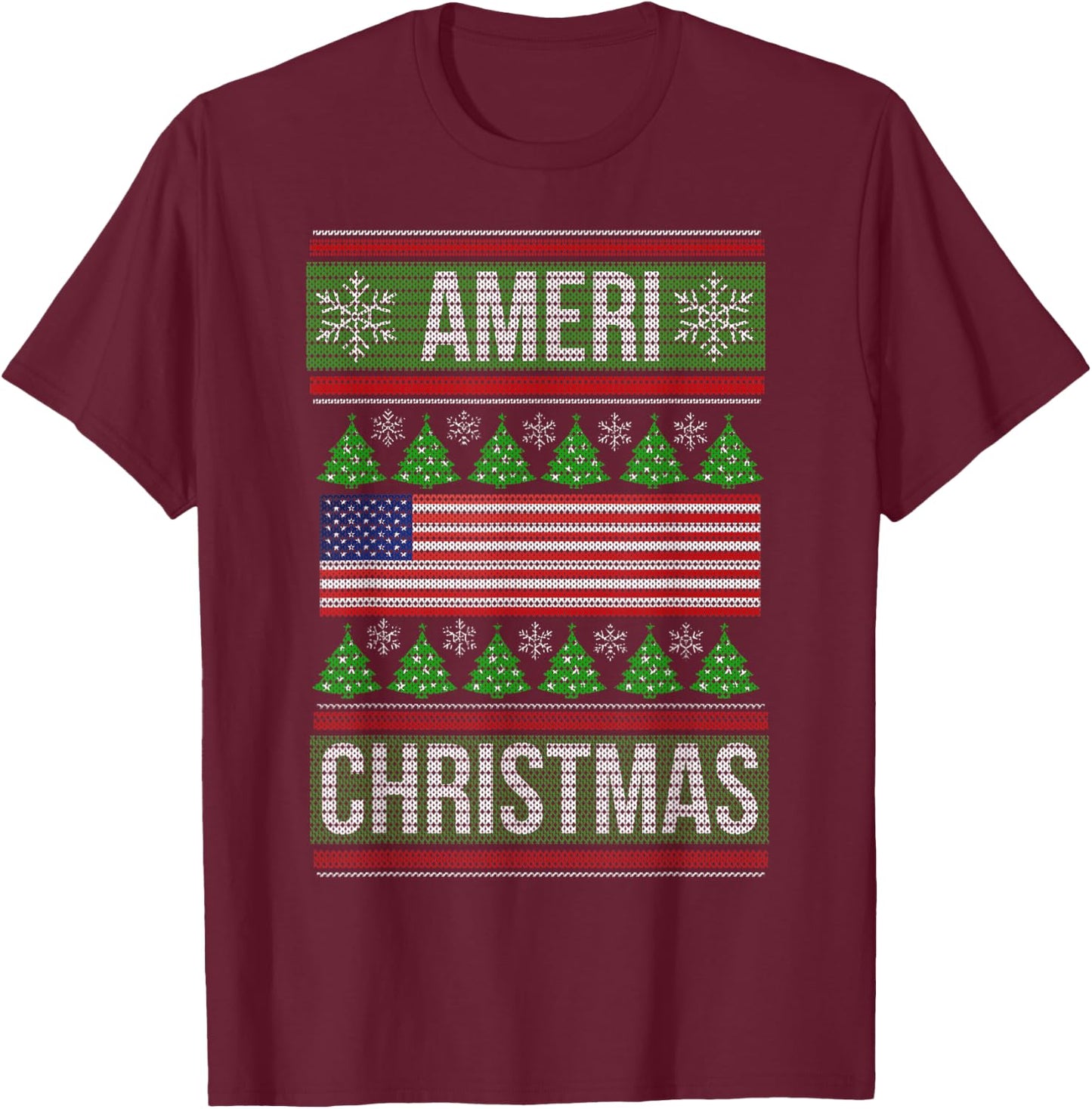 Ameri' Christmas Ugly Sweater Graphic Style Funny Xmas T-Shirt - T-Shirt | Maroon