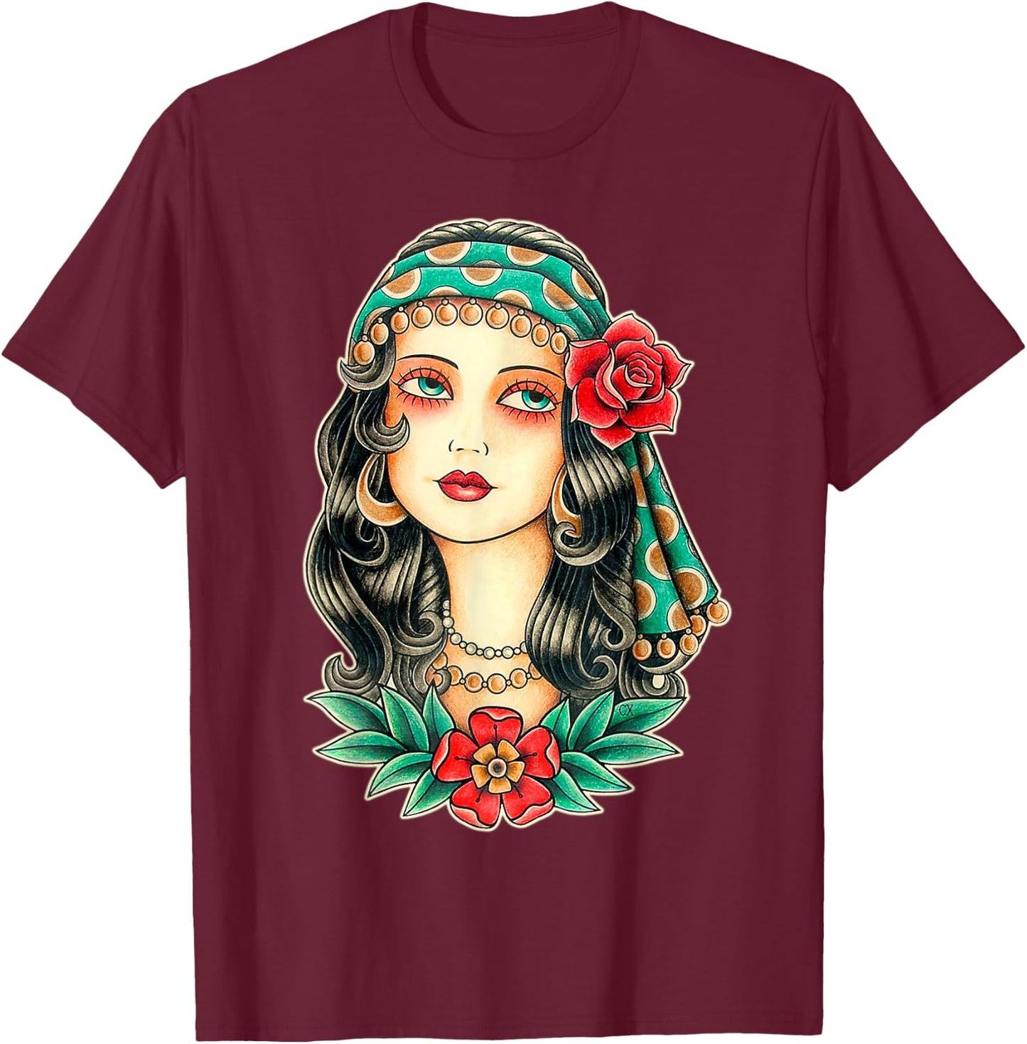 Pretty Girl Gypsy Fortune Teller Traditional Tattoo Flash T-Shirt - T-Shirt | Maroon