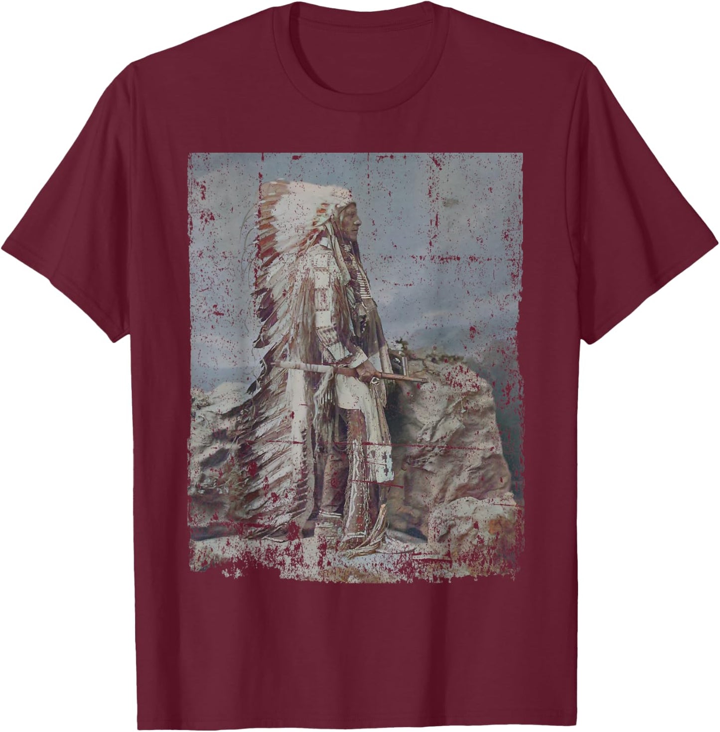 Chief Head Native American Indians Warbonnets Headdress Art T-Shirt - T-Shirt | Maroon