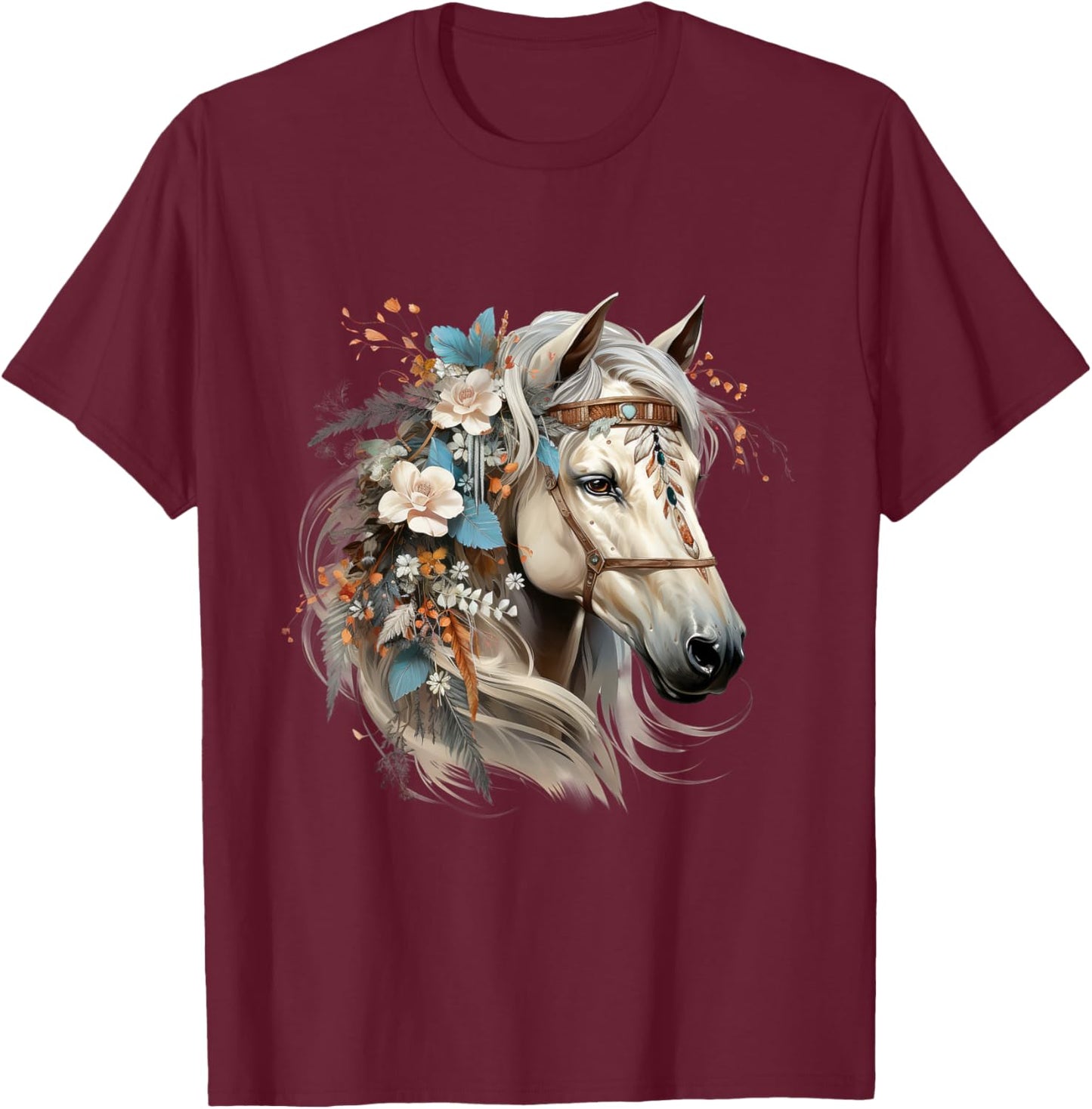 Floral Wild Horse Country Horse Riding T-Shirt - T-Shirt | Maroon