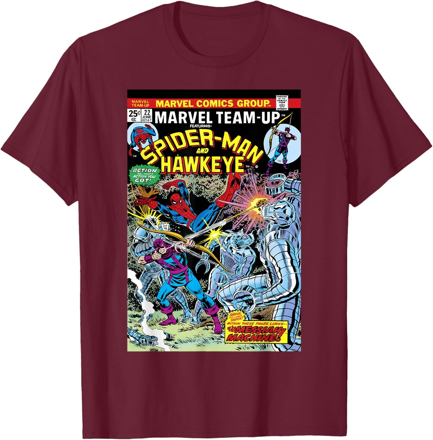 Marvel Team-Up Spider-Man & Hawkeye Comic Cover Small T-Shirt - T-Shirt | Maroon