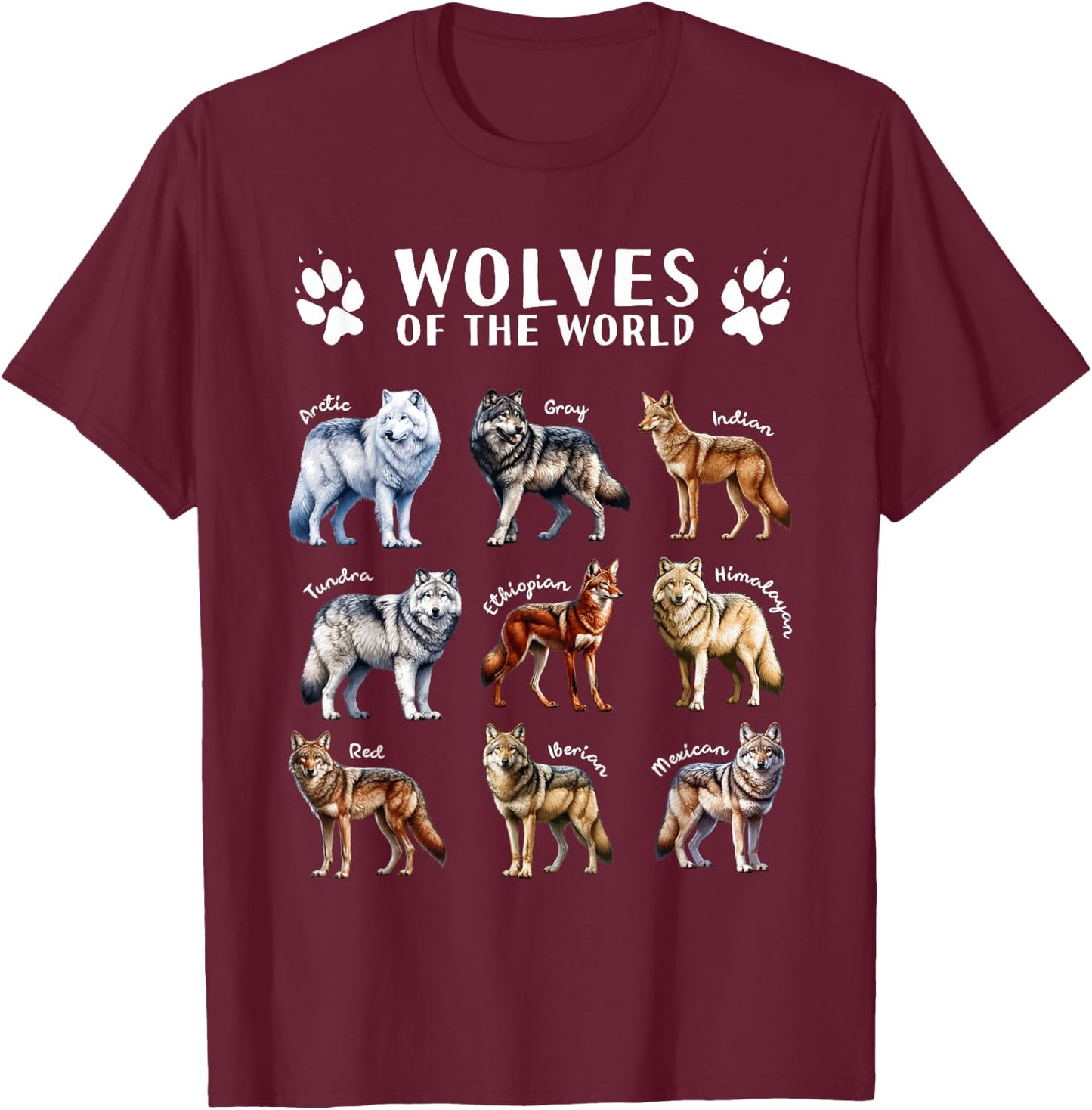 Wolves of the World Educational Collection Wolf Types Animal T-Shirt - T-Shirt | Maroon