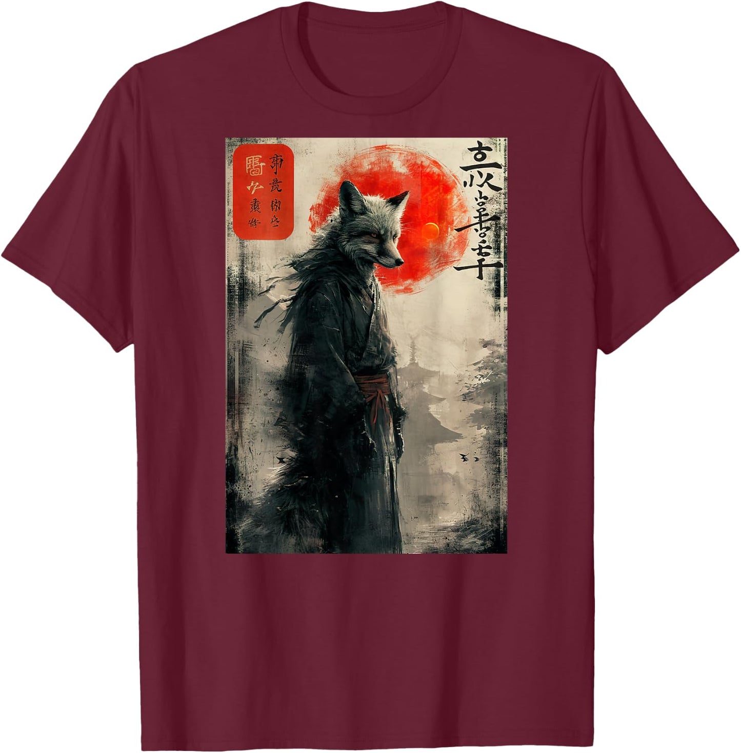 Japanese Woodblock Art of a Samurai Fox with Japanese (Back) T-Shirt - T-Shirt | Maroon