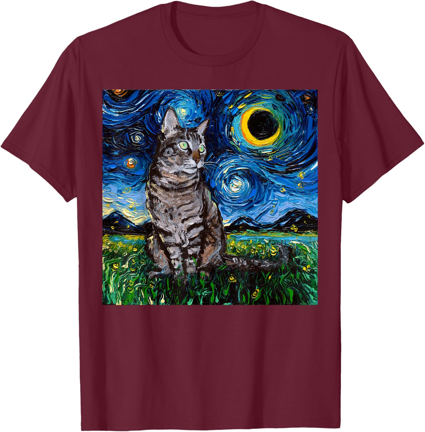 Gray Tabby Starry Night Art – Gift Cat Lovers T-Shirt - T-Shirt | Maroon