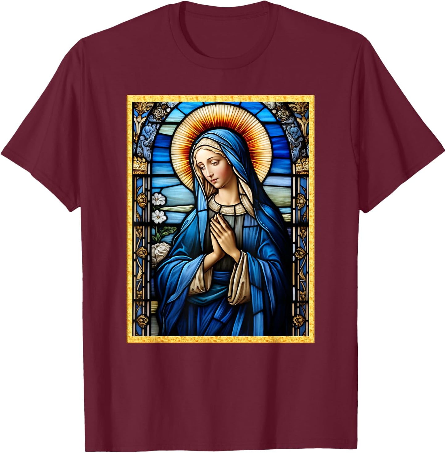 Blessed Virgin Mary Stained Glass T-Shirt - T-Shirt | Maroon