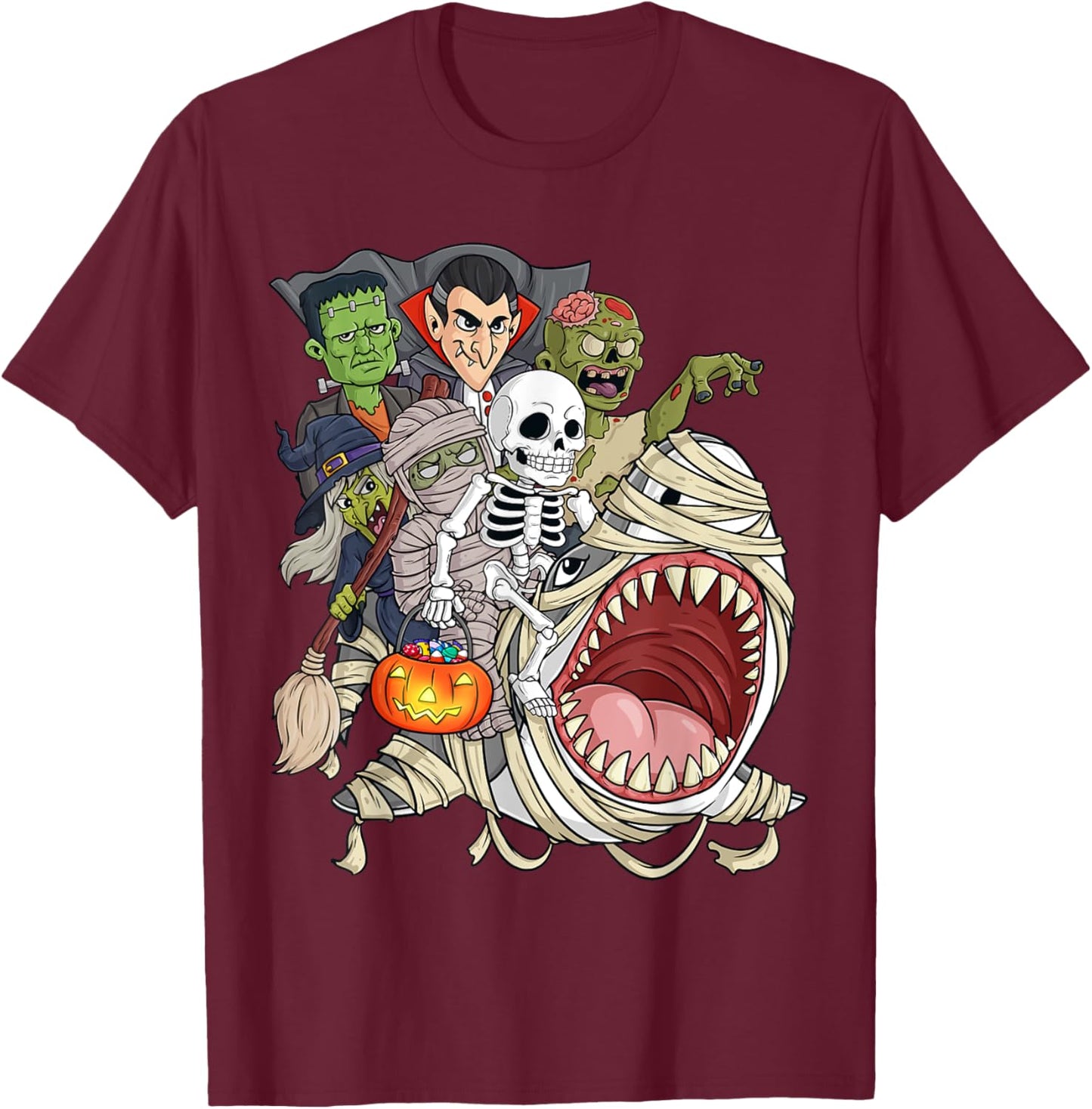 Skeleton Zombie Riding Mummy Shark Funny Halloween Pumpkin T-Shirt - T-Shirt | Maroon