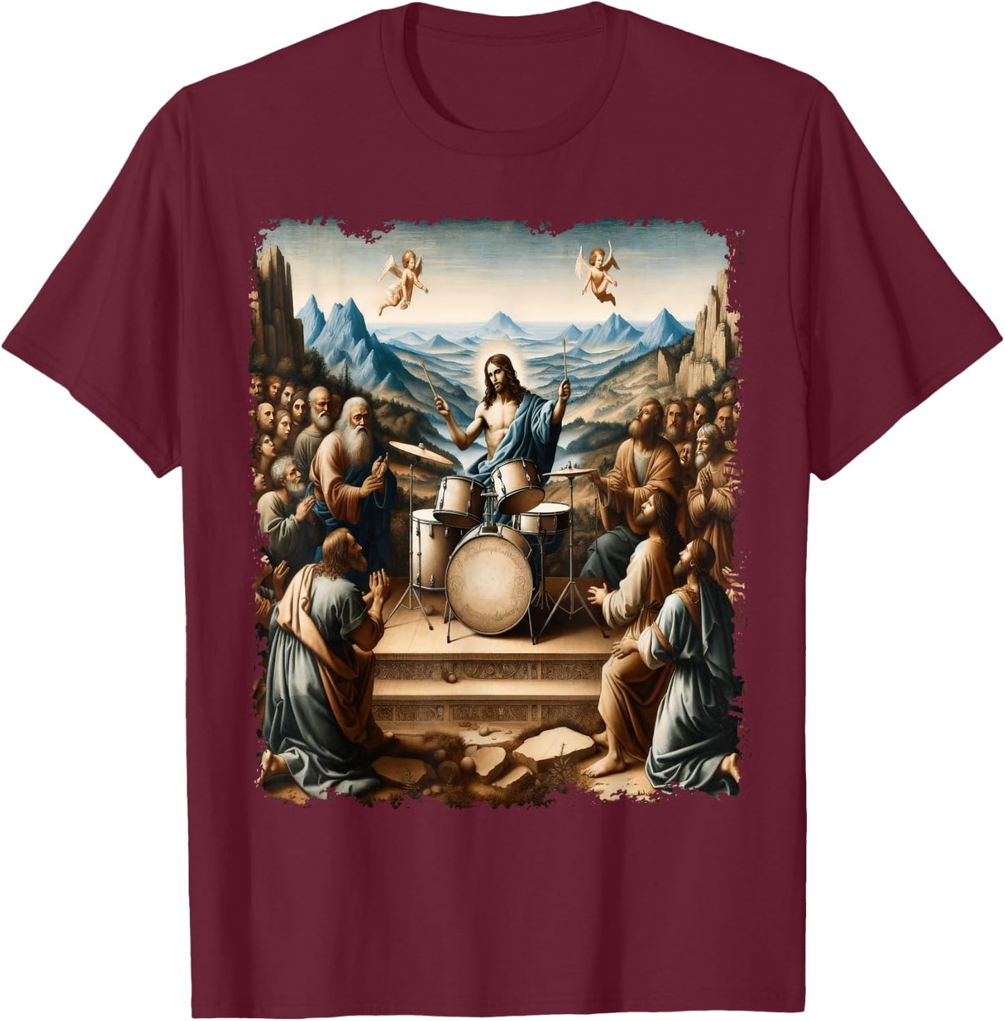 Jesus Playing Drums, Funny Christian Drummer Painting T-Shirt - T-Shirt | Maroon