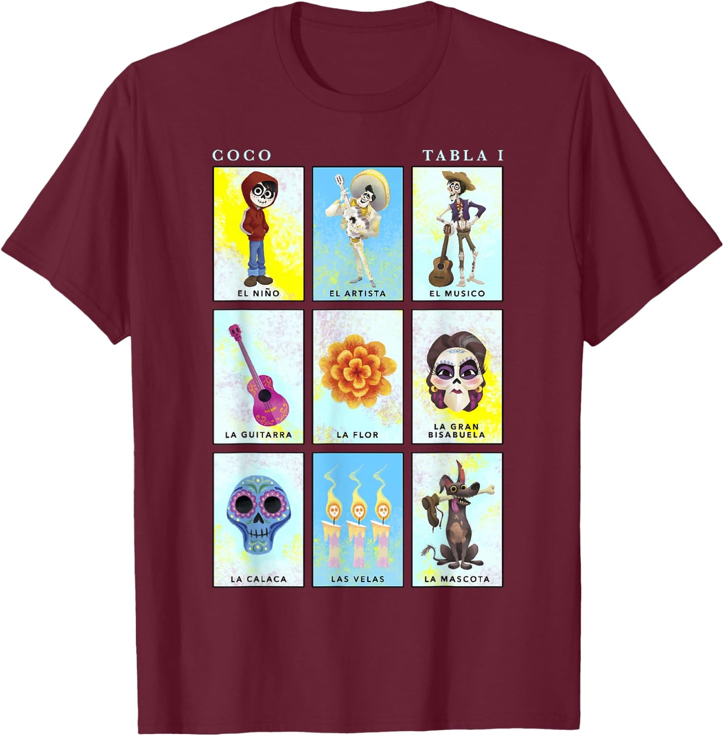 Disney Pixar Coco Group Shot Table 1 Panels T-Shirt - T-Shirt | Maroon