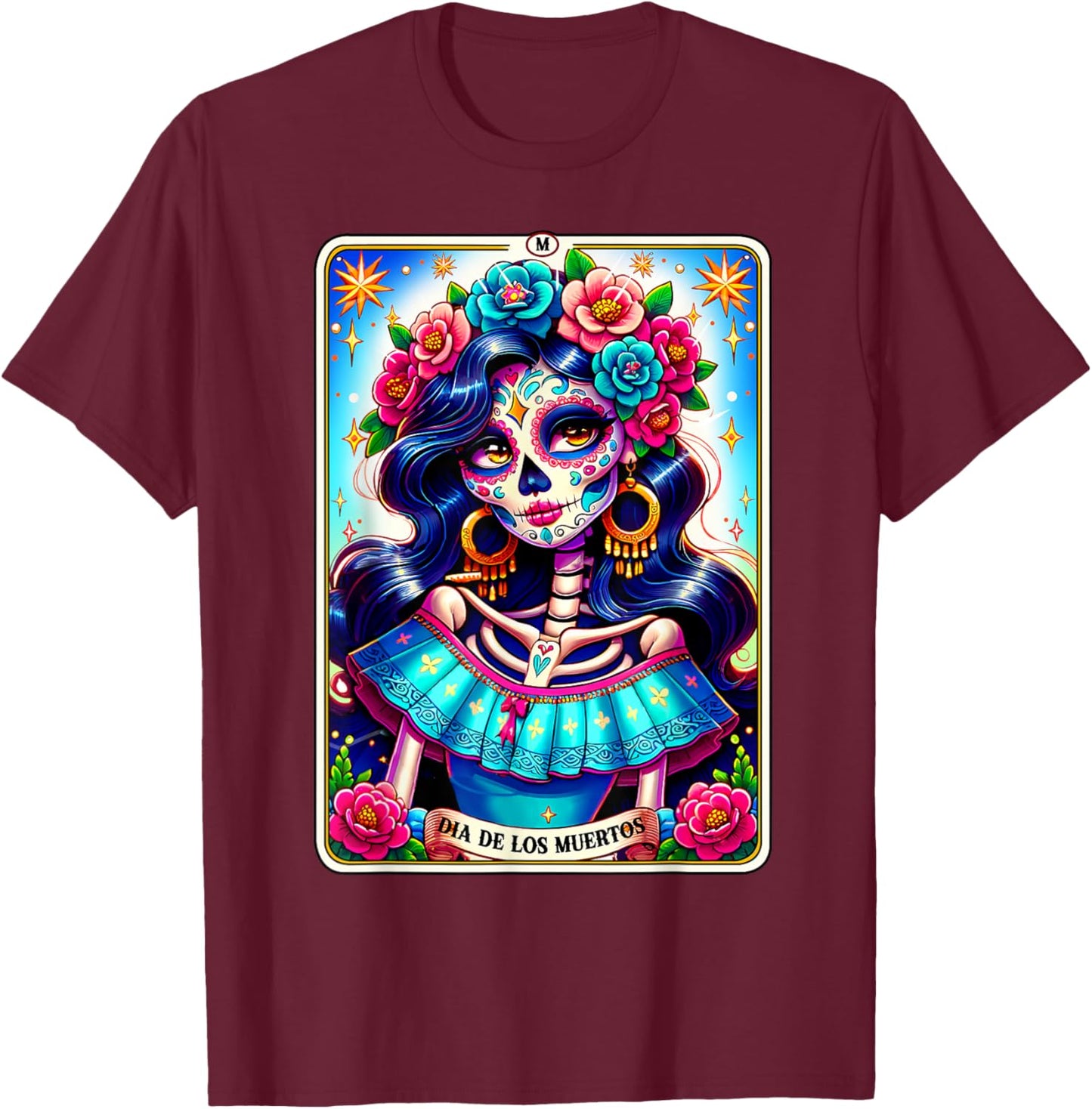 Tarot Card Dia De Los Muertos Woman Catrina Day Of The Dead T-Shirt - T-Shirt | Maroon