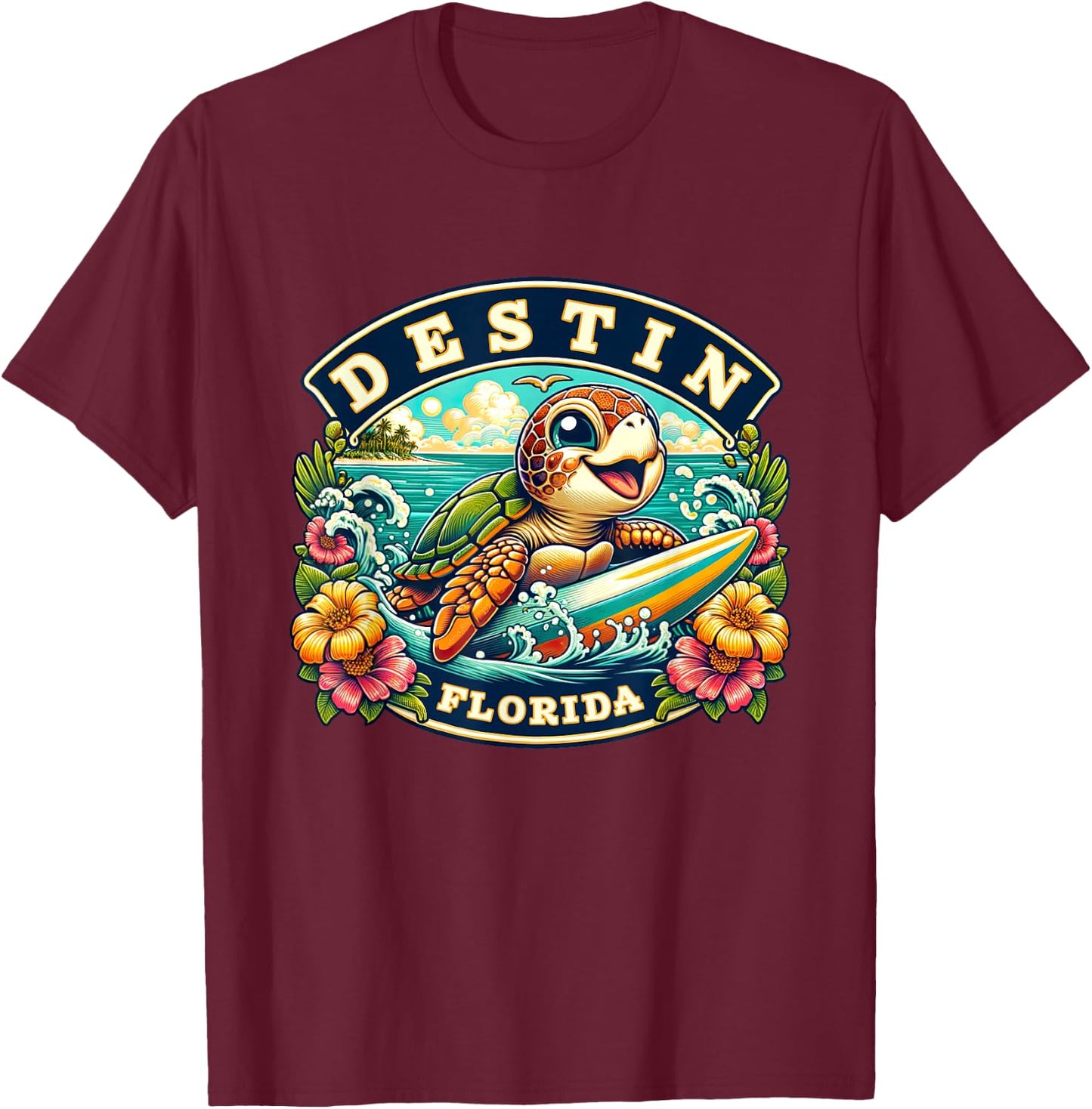Destin Florida Cute Sea Turtle Surfing T-Shirt - T-Shirt | Maroon