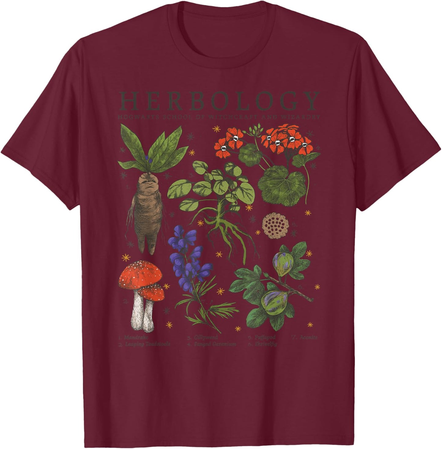 Harry Potter Grey Retro : Classic Fit, Herbology Plants, Adult, Short Sleeve, Cotton & Polyester T-Shirt - T-Shirt | Maroon