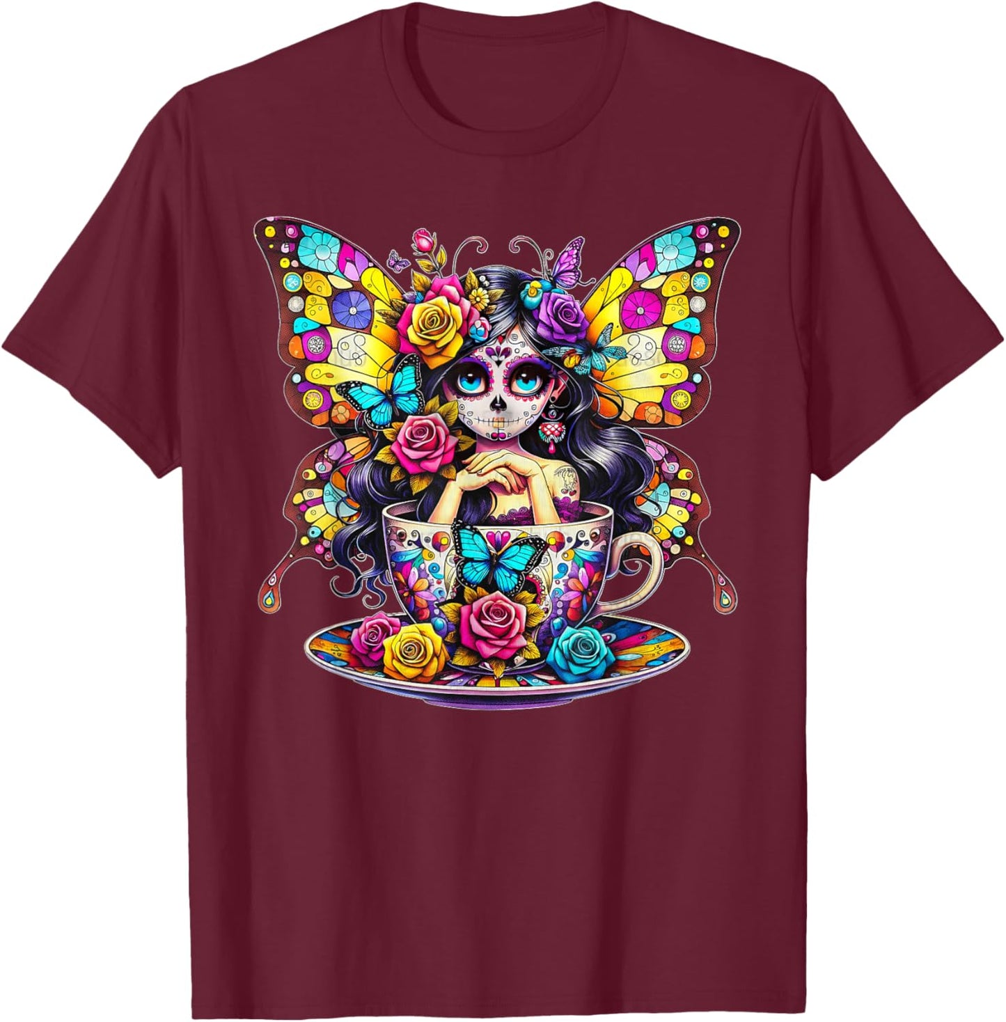 Butterfly Women Day Of The Dead Dia De Los Muertos Catrina T-Shirt - T-Shirt | Maroon