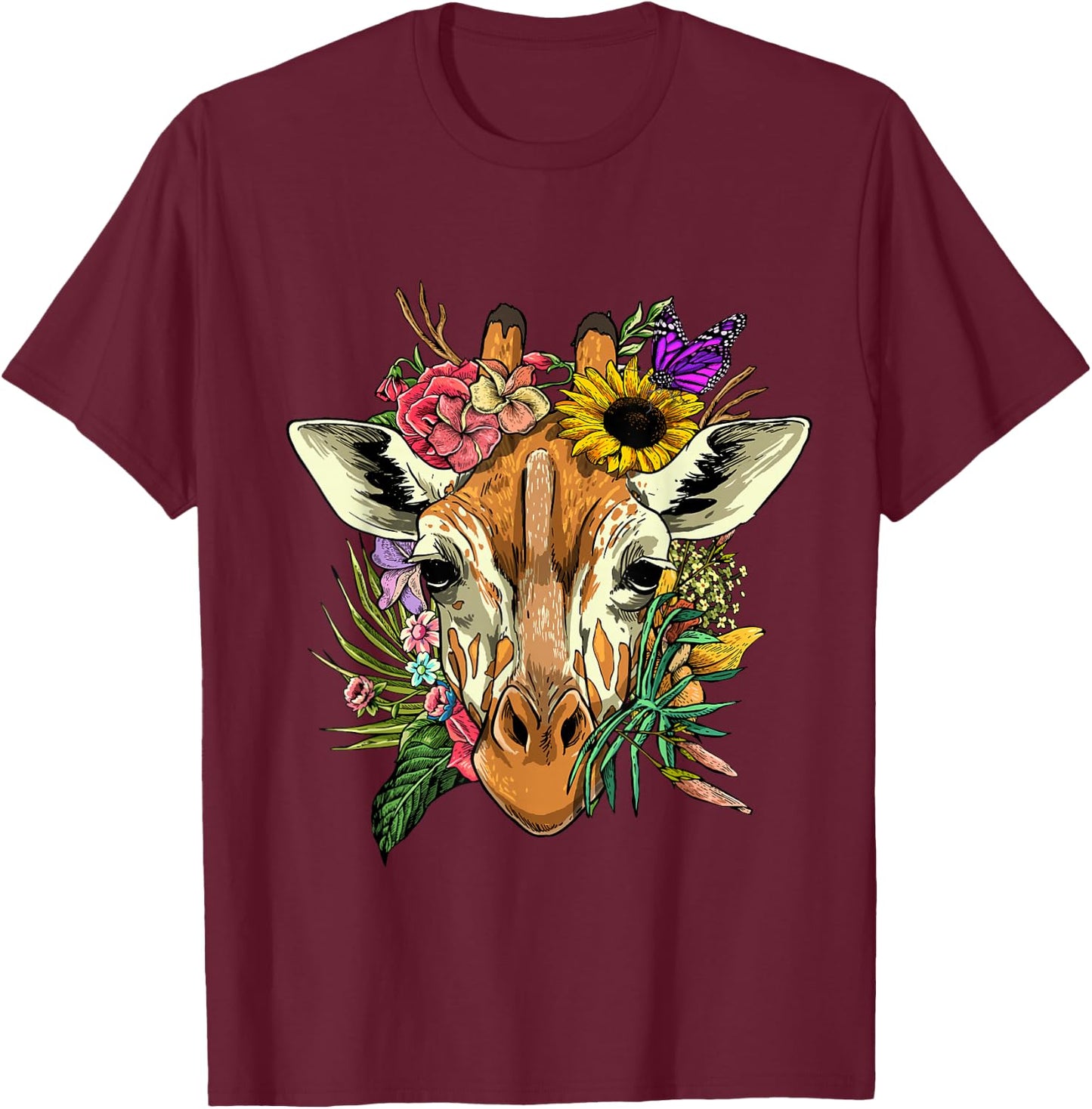 Floral Giraffe Shirt Nature Zoo Animal Face Giraffe Lover T-Shirt - T-Shirt | Maroon