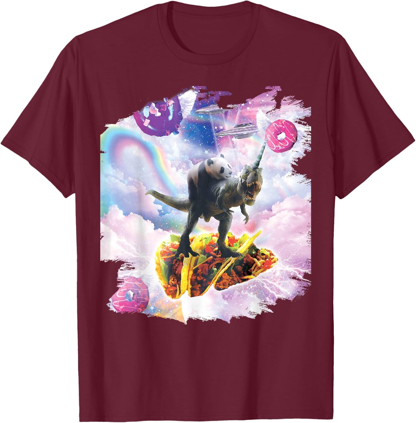 Space Panda Riding Dinosaur Unicorn - Taco & Donut T-Shirt - T-Shirt | Maroon