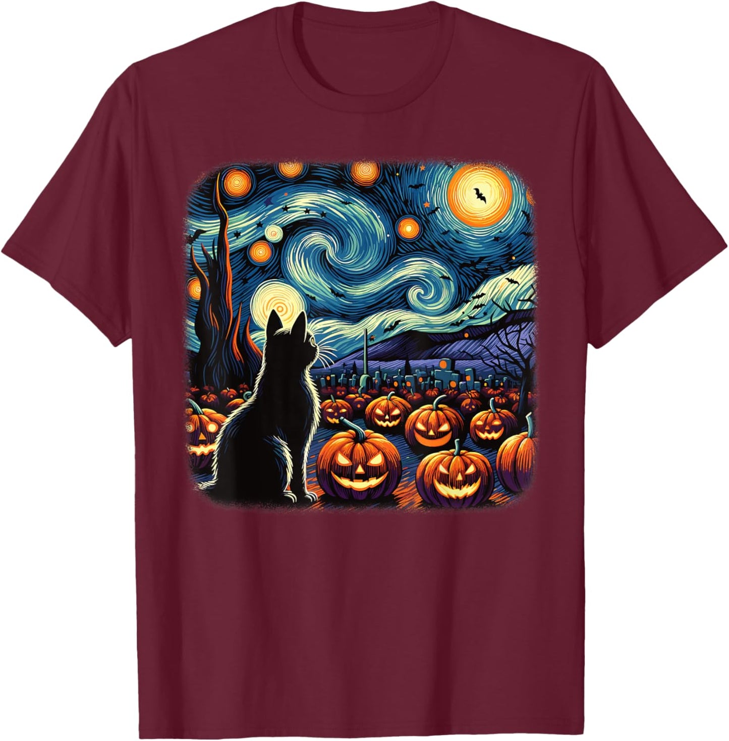 Halloween Black Cat Van Gogh Starry Night Pumpkins Bats Men Women Girls Kids T-Shirt - T-Shirt | Maroon